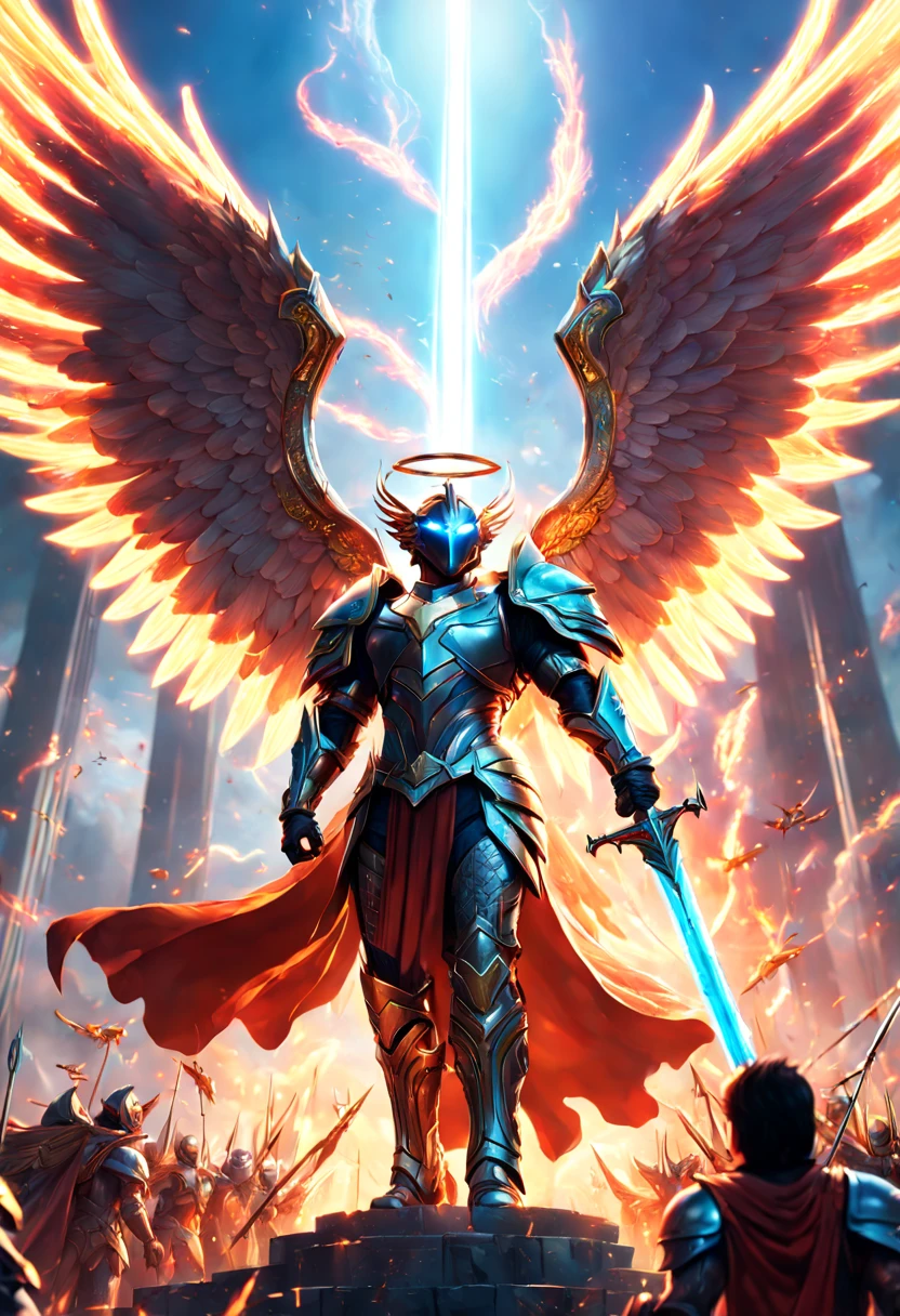 A highly detailed digital art illustration of a mighty hero standing victorious over a fiery fantasy battle scene, with large outstretched angel wings, wearing exquisite neon colored armor, holding a glowing futuristic sword high to the skies, celebrating triumph over evil forces, rendered in Unreal Engine 5 with volumetric lighting, Depth of Field blur, 8K Resolution. ((35mm lens)), cinematic lighting, dramatic low angle view looking up at the hero, extremely detailed, illustration by artgerm, loish, rossdraws