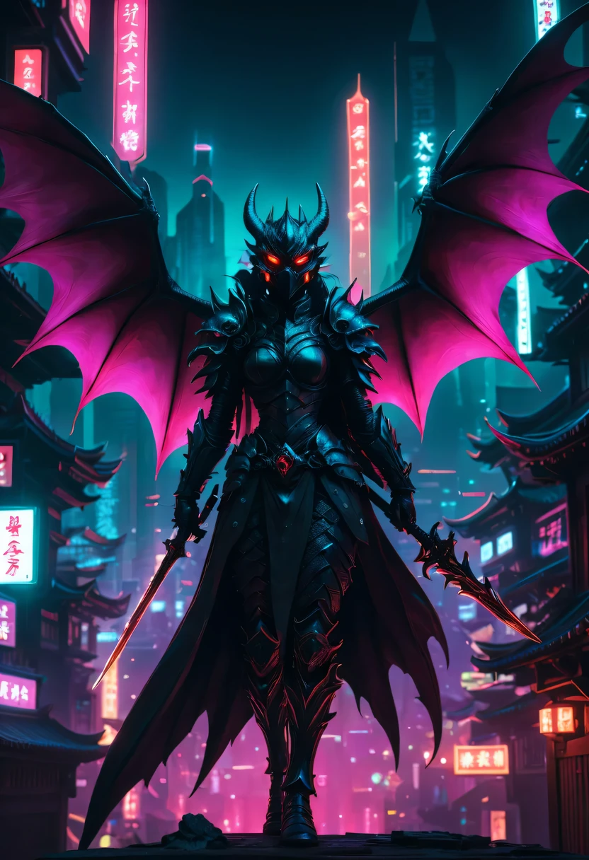 恶灵knight骑哈雷戴维森,high quality,best quality,real,Surreal,Super details,masterpiece,high resolution,8k,Very realistic,Hellbringers,Black-scaled youkai, Black-scaled youkai,red eyes,meniscus,a close up of a person with a sword and a demon, dragon scales, Dark black scaly yokai,Demon bat wings,Epic fantasy digital art style, 恶魔Black-scaled youkai, knight, and Mumford Tom Bagshaw.., dark fantasy style art, epic fantasy art style, 龙knight, dark fantasy art style, Shadow scales, epic fantasy art style HD, 黑暗幻想number艺术,"artistic image type: {Perched atop a cybernetic dragon, Masked woman investigates the vast cyber metropolis below. mask, Incorporate neon lights, Contrast her technically enhanced body, Embedded LEDs and retractable technology weapons shine. In a striking pose, She seems ready for action, A fusion of ancient legends and future visions}, 龙knight Ghost, Excellent location,city View, (Vibrant neon lights:1.5), (number:1.25), (4k:1.2). environment: panoramic view of a city,Bats fly across the skyline."