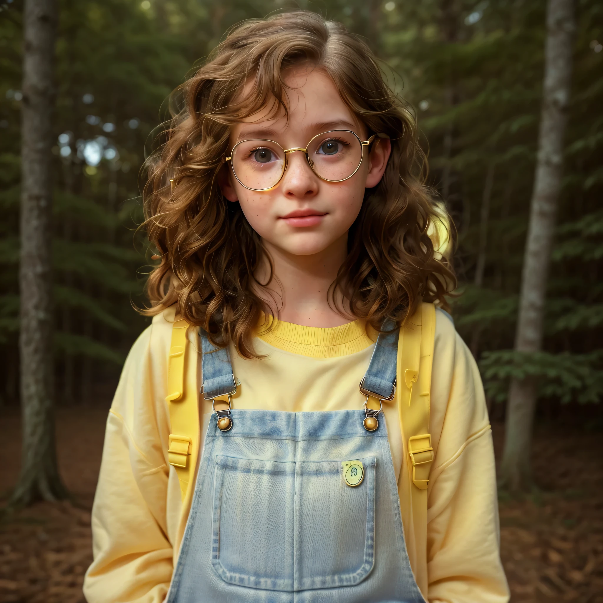  branca realista de 11 anos com moletom amarelo, copos, denim overalls, cabelos castanhos longos e ondulados, Long eyelashes, olhos pretos, sardas no rosto, estilo anos 80, stranger things style forest scenery.