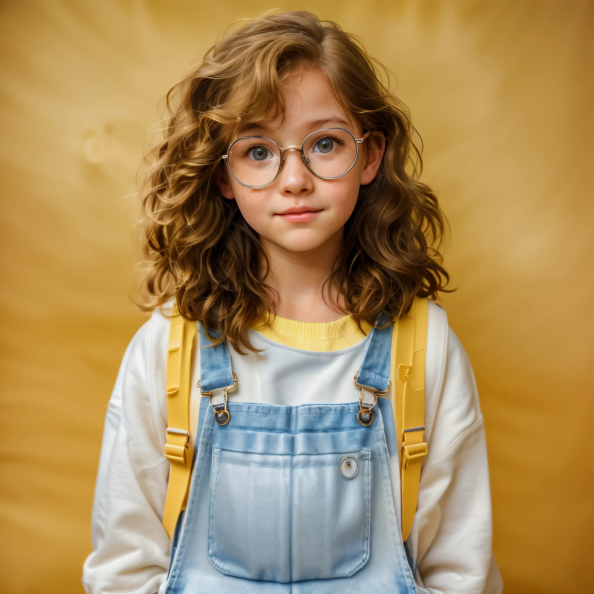 foto realista de uma de onze anos, Pele branca, denim overalls, moletom amarelo, estilo anos 80, cabelo castanho ondulado, black eyes with big eyelashes and freckles on the face, Sweet appearance, wears prescription glasses and a brown backpack.