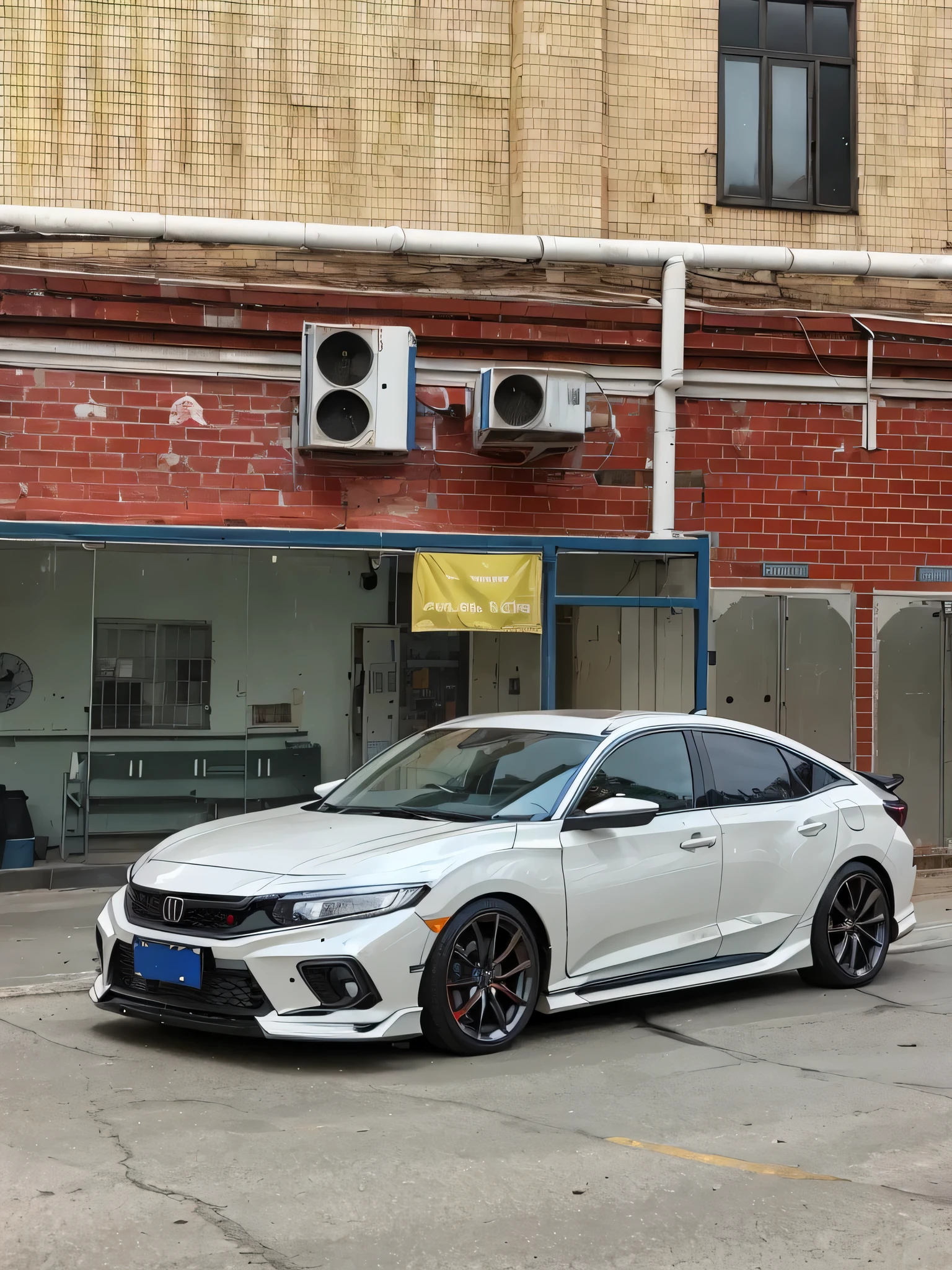 Alafid white car parked in front of red brick building, 🤬 🤮 💕 🎀, s line, honda civic, front, front full, wide body, 😭 🤮 💕 🎀, post-processed), Canon eos r 6 shot, Silver chromium, 2 0 2 2, 2022