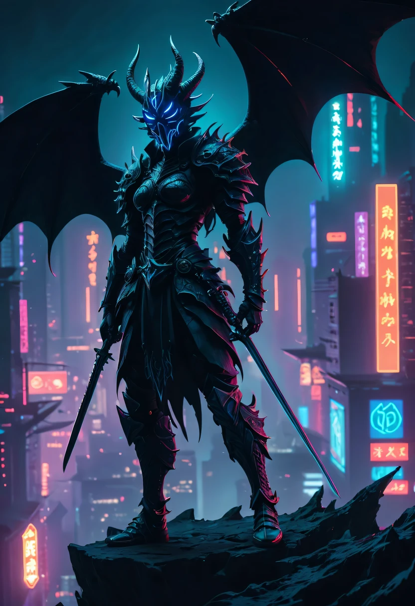恶灵knight骑哈雷戴维森，high quality，best quality，real，Surreal，Super details,masterpiece，high resolution，8k，Very realistic，Hellbringers，Black-scaled youkai, Black-scaled youkai，red eyes，meniscus，a close up of a person with a sword and a demon, dragon scales, Dark black scaly yokai，Demon bat wings，Epic fantasy digital art style, 恶魔Black-scaled youkai, knight, and Mumford Tom Bagshaw.., dark fantasy style art, epic fantasy art style, 龙knight, dark fantasy art style, Shadow scales, epic fantasy art style HD, 黑暗幻想number艺术，"artistic image type: {Perched atop a cybernetic dragon, Masked woman investigates the vast cyber metropolis below. mask, Incorporate neon lights, Contrast her technically enhanced body, Embedded LEDs and retractable technology weapons shine. In a striking pose, She seems ready for action, A fusion of ancient legends and future visions}, 龙knight Ghost, Excellent location，city View, (Vibrant neon lights:1.5), (number:1.25), (4k:1.2). environment: panoramic view of a city，Bats fly across the skyline."
