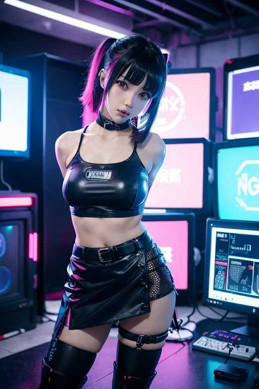 anime girl in a short skirt and boots posing in front of a wall of monitors, cyber punk setting, inspired by Leng Mei, e - girl, e-girl, 2b, 2 b, in cyberpunk style, cyberpunk with neon lighting, cyberpunk 2 0 y. o model girl, kda, in cyber punk 2077, y 2 k cybercore