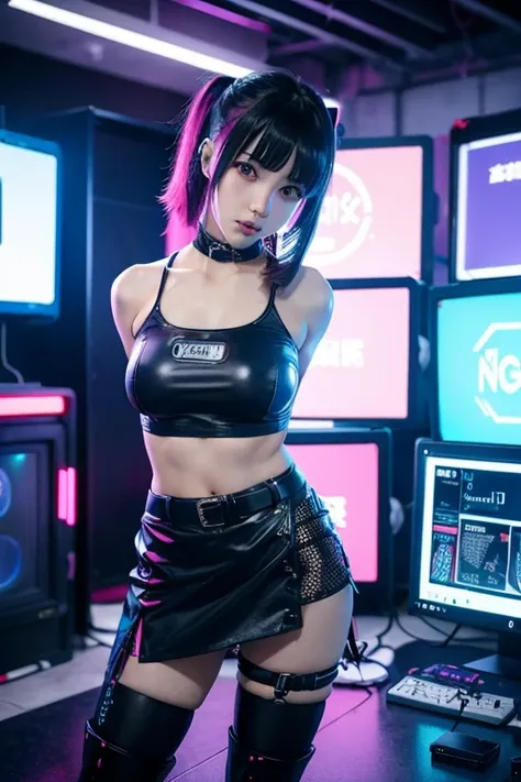 anime girl in a short skirt and boots posing in front of a wall of monitors, cyber punk setting, inspired by leng mei, e - girl,...