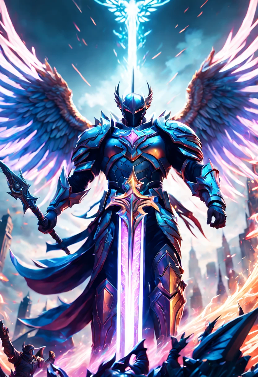 A highly detailed digital art illustration of a mighty hero standing victorious over a fiery fantasy battle scene, with large outstretched angel wings, wearing exquisite neon colored armor, holding a glowing futuristic sword high to the skies, celebrating triumph over evil forces, rendered in Unreal Engine 5 with volumetric lighting, Depth of Field blur, 8K Resolution. ((35mm lens)), cinematic lighting, dramatic low angle view looking up at the hero, extremely detailed, illustration by artgerm, loish, rossdraws