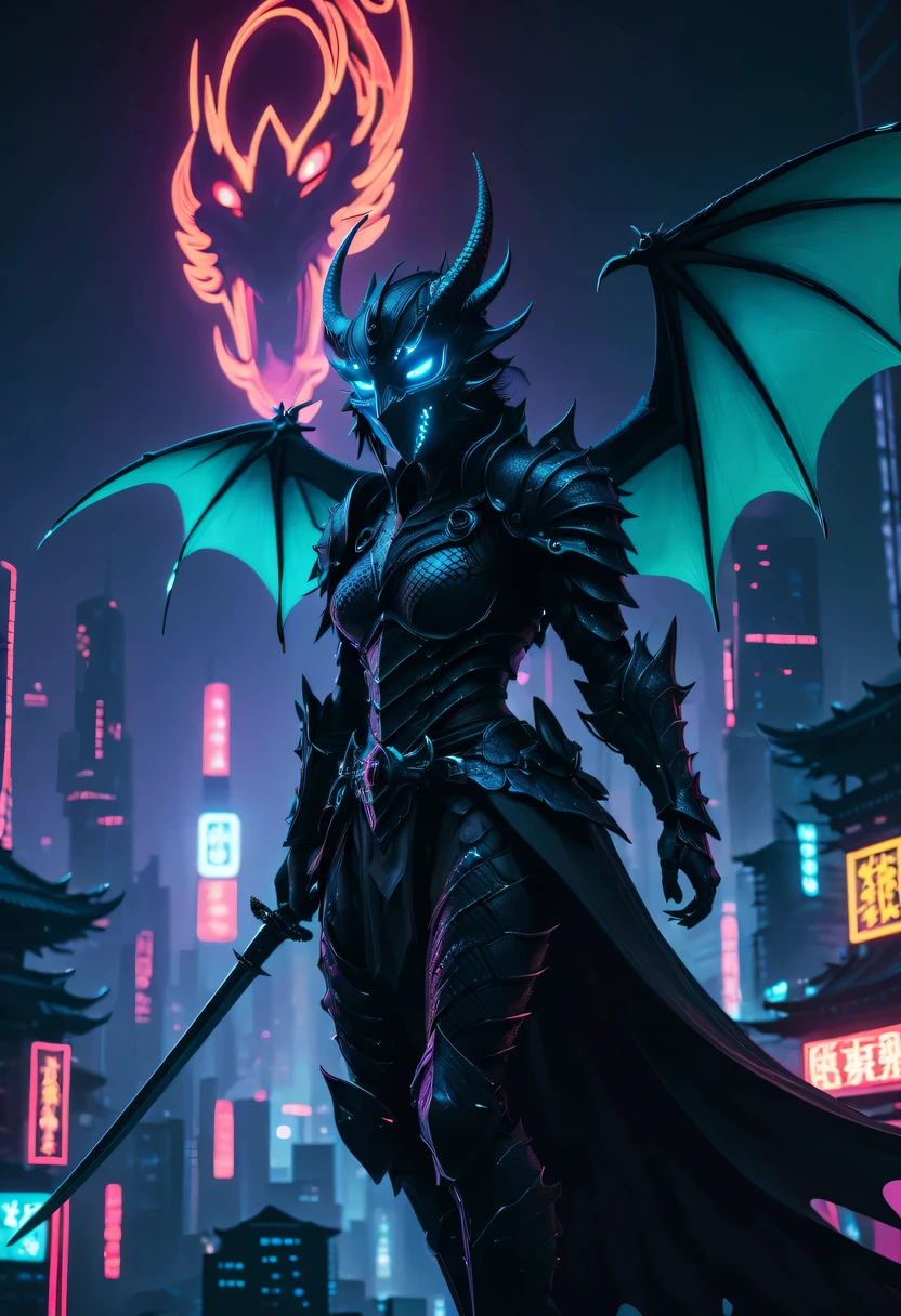 恶灵knight骑哈雷戴维森,high quality,best quality,real,Surreal,Super details,masterpiece,high resolution,8k,Very realistic,Hellbringers,Black-scaled youkai, Black-scaled youkai,red eyes,meniscus,a close up of a person with a sword and a demon, dragon scales, Dark black scaly yokai,Demon bat wings,Epic fantasy digital art style, 恶魔Black-scaled youkai, knight, and Mumford Tom Bagshaw.., dark fantasy style art, epic fantasy art style, 龙knight, dark fantasy art style, Shadow scales, epic fantasy art style HD, 黑暗幻想number艺术,"artistic image type: {Perched atop a cybernetic dragon, Masked woman investigates the vast cyber metropolis below. mask, Incorporate neon lights, Contrast her technically enhanced body, Embedded LEDs and retractable technology weapons shine. In a striking pose, She seems ready for action, A fusion of ancient legends and future visions}, 龙knight Ghost, Excellent location,city View, (Vibrant neon lights:1.5), (number:1.25), (4k:1.2). environment: panoramic view of a city,Bats fly across the skyline."