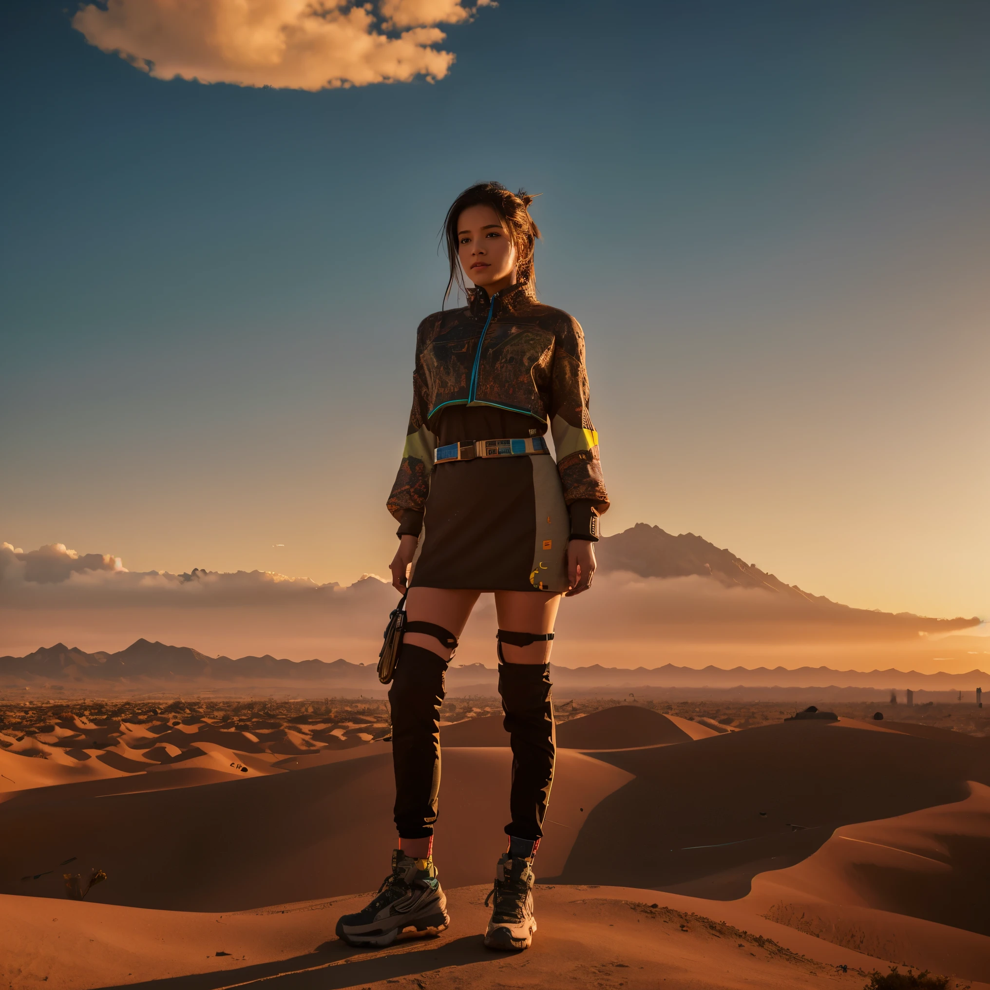 Mountain at sunset, a futuristic city in the desert as background, low clouds cover mountain, realistic+high intricate details, colorful clothing, full bodies, 16k.