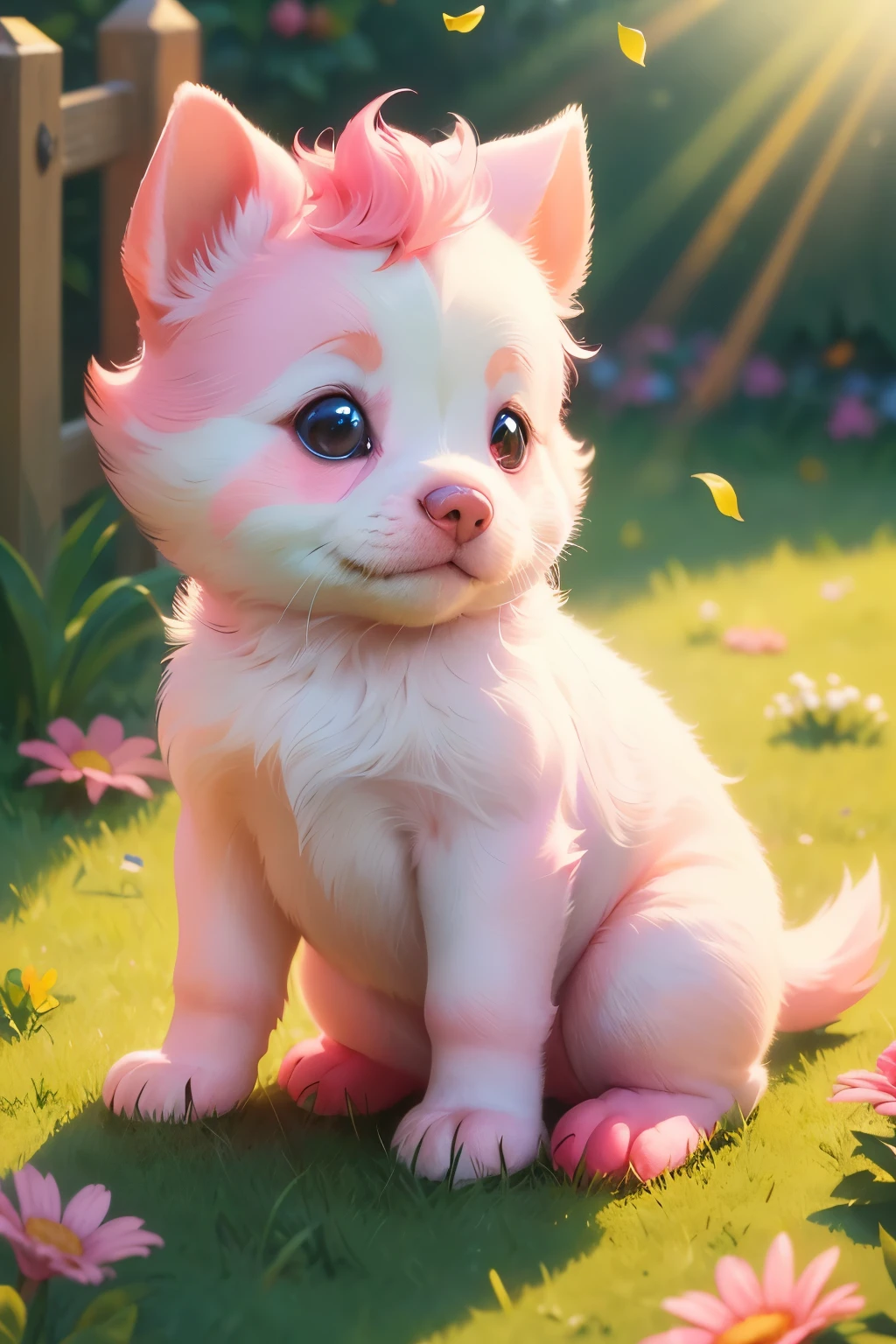 (bright vibrant colors,sunlit,adorable,playful:1.2) Little puppy playing with piglet,soft fur,curious expression,small chubby body,wagging tail,joyful interaction,tiny pink nose,fluffy paws,green grass,colorful flowers,wooden fence,farmyard scene,happy atmosphere,blissful innocence,captivating moment,close companionship,unbreakable bond,pure friendship