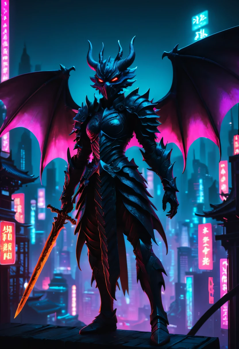 恶灵knight骑哈雷戴维森，high quality，best quality，real，Surreal，Super details,masterpiece，high resolution，8k，Very realistic，Hellbringers，Black-scaled youkai, Black-scaled youkai，red eyes，meniscus，a close up of a person with a sword and a demon, dragon scales, Dark black scaly yokai，Demon bat wings，Epic fantasy digital art style, 恶魔Black-scaled youkai, knight, and Mumford Tom Bagshaw.., dark fantasy style art, epic fantasy art style, 龙knight, dark fantasy art style, Shadow scales, epic fantasy art style HD, 黑暗幻想number艺术，"artistic image type: {Perched atop a cybernetic dragon, Masked woman investigates the vast cyber metropolis below. mask, Incorporate neon lights, Contrast her technically enhanced body, Embedded LEDs and retractable technology weapons shine. In a striking pose, She seems ready for action, A fusion of ancient legends and future visions}, 龙knight Ghost, Excellent location，city View, (Vibrant neon lights:1.5), (number:1.25), (4k:1.2). environment: panoramic view of a city，Bats fly across the skyline."