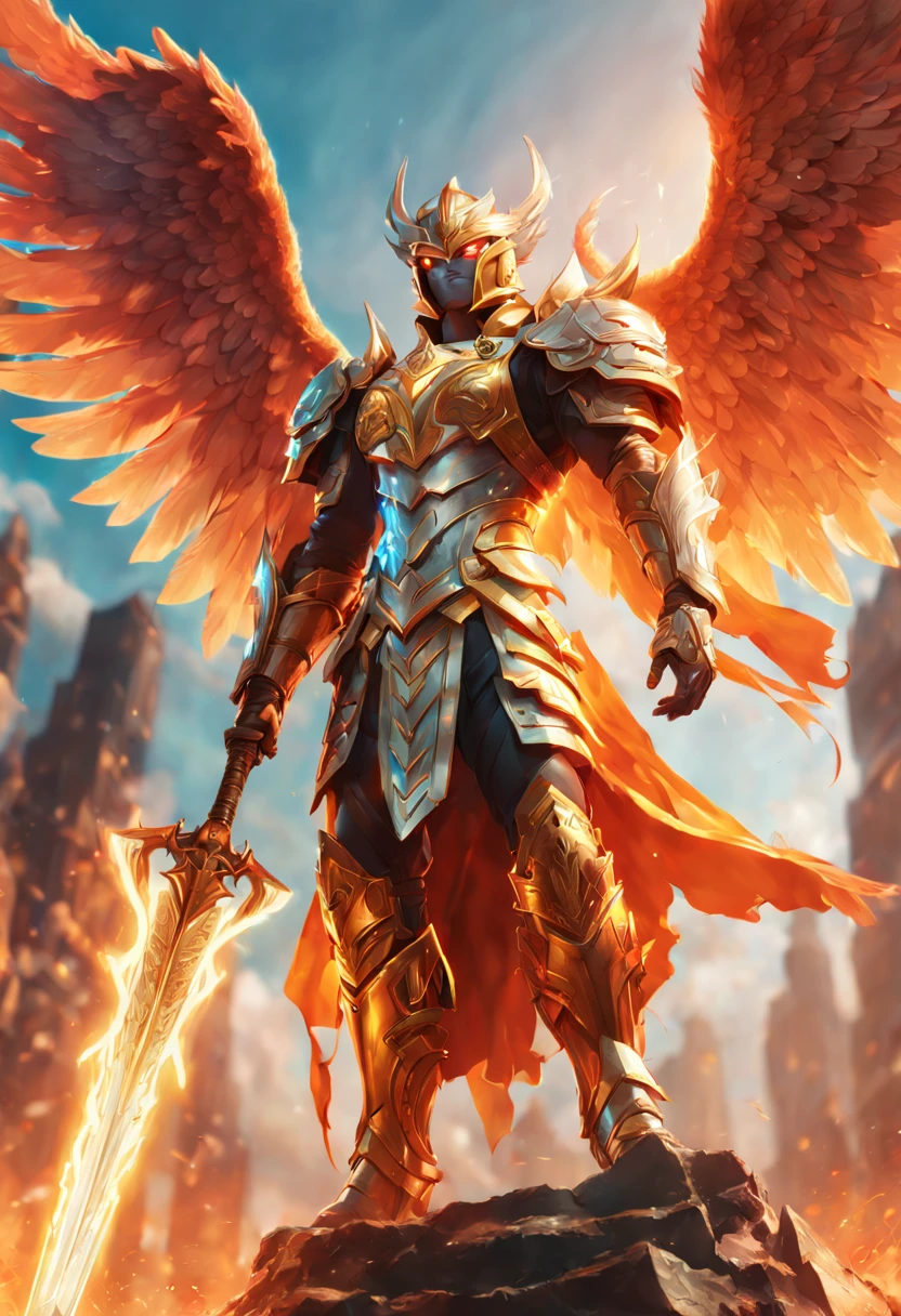 A highly detailed digital art illustration of a mighty hero standing victorious over a fiery fantasy battle scene, with large outstretched angel wings, wearing exquisite neon colored armor, holding a glowing futuristic sword high to the skies, celebrating triumph over evil forces, rendered in Unreal Engine 5 with volumetric lighting, Depth of Field blur, 8K Resolution. ((35mm lens)), cinematic lighting, dramatic low angle view looking up at the hero, extremely detailed, illustration by artgerm, loish, rossdraws