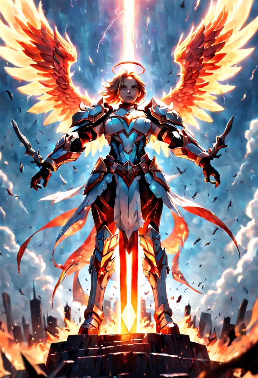 A highly detailed digital art illustration of a mighty hero standing victorious over a fiery fantasy battle scene, with large outstretched angel wings, wearing exquisite neon colored armor, holding a glowing futuristic sword high to the skies, celebrating triumph over evil forces, rendered in Unreal Engine 5 with volumetric lighting, Depth of Field blur, 8K Resolution. ((35mm lens)), cinematic lighting, dramatic low angle view looking up at the hero, extremely detailed, illustration by artgerm, loish, rossdraws