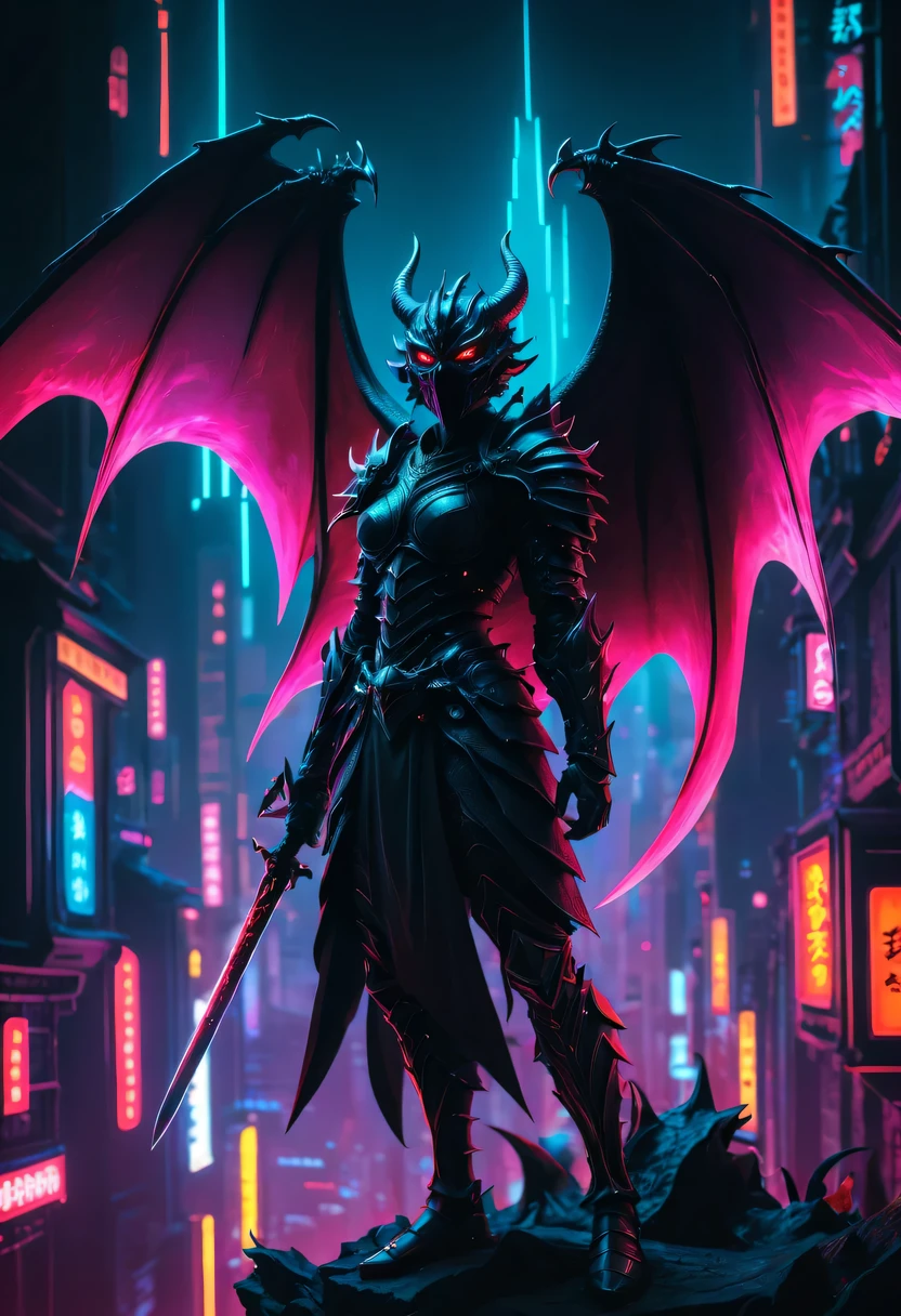 恶灵knight骑哈雷戴维森,high quality,best quality,real,Surreal,Super details,masterpiece,high resolution,8k,Very realistic,Hellbringers,Black-scaled youkai, Black-scaled youkai,red eyes,meniscus,a close up of a person with a sword and a demon, dragon scales, Dark black scaly yokai,Demon bat wings,Epic fantasy digital art style, 恶魔Black-scaled youkai, knight, and Mumford Tom Bagshaw.., dark fantasy style art, epic fantasy art style, 龙knight, dark fantasy art style, Shadow scales, epic fantasy art style HD, 黑暗幻想number艺术,"artistic image type: {Perched atop a cybernetic dragon, Masked woman investigates the vast cyber metropolis below. mask, Incorporate neon lights, Contrast her technically enhanced body, Embedded LEDs and retractable technology weapons shine. In a striking pose, She seems ready for action, A fusion of ancient legends and future visions}, 龙knight Ghost, Excellent location,city View, (Vibrant neon lights:1.5), (number:1.25), (4k:1.2). environment: panoramic view of a city,Bats fly across the skyline."