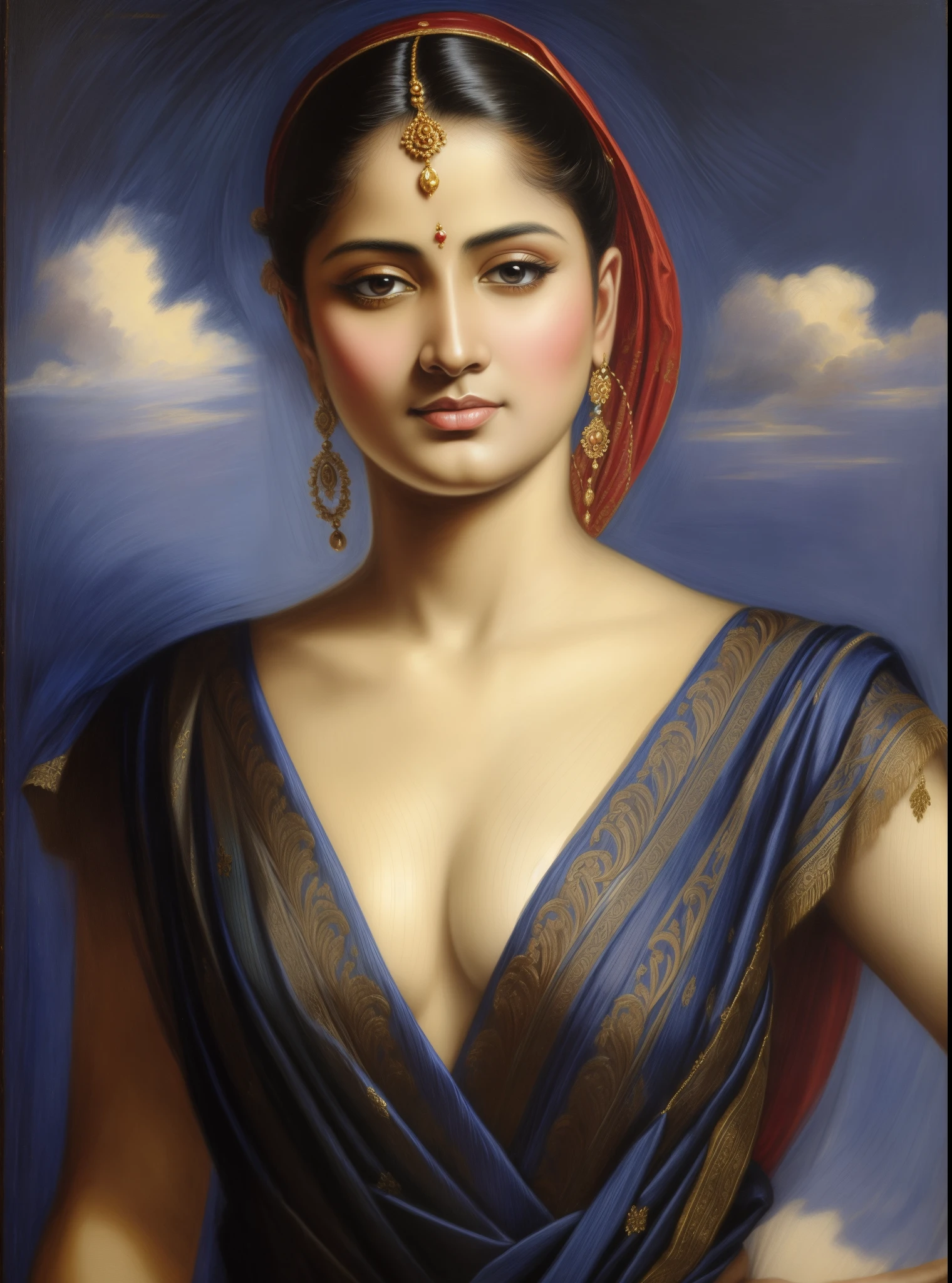 Beautiful Indian Woman, wearing saree, sari Beauty, gorgeous, Apsara, Maharani, royal queen woman, nymph from Hindu Mythology, Urvashi, matchless beauty, Highly detailed, Oil Painting by Peter Paul Rubens inspired by Raja Ravi Varma, Matchless beauty, captivating, gorgeous, heavenly beauty, celestial beauty, by Peter Paul Rubens, 1893, realistic, hyper realistic, micro details, incredible artwork, insane details, ultra High resolution, 8k, 32k, acrylic on canvas, intricate, flawless, detailed, detailed face, detailed eyes, masterpiece, by Peter Paul Rubens, by Caravaggio, by William Adolphe bouguereau, perfect face, perfect body, beautiful art, realism, baroque, renaissance Art, highly textured, beautiful and detailed eyes, uhd, best quality,