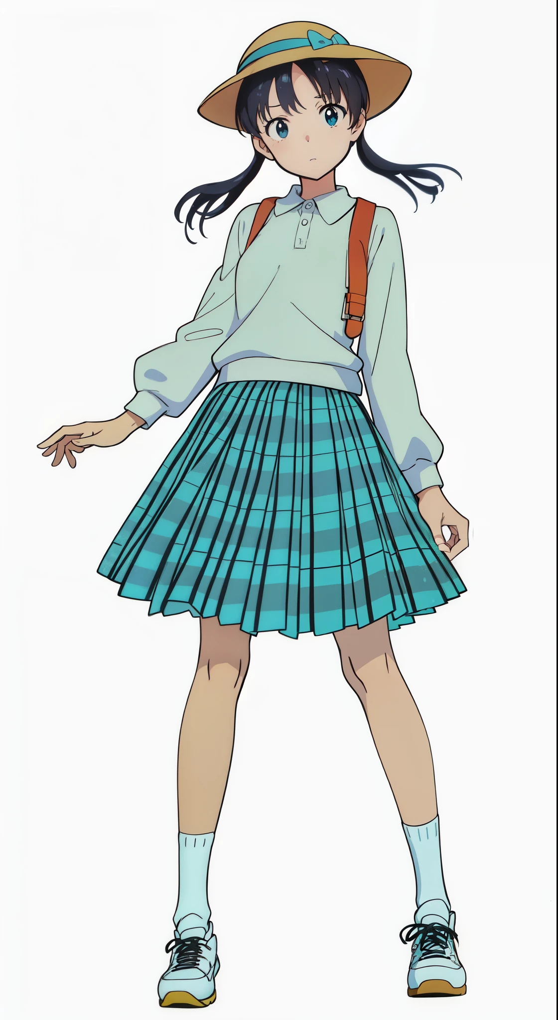 (white background:1.0), (best quality:1.0), (masterpiece:1.0), (super fine illustration:1.0), (beautiful artwork:1.0), (anime screencap:1.0), (official art:1.0), (full body:1.0), (solo:1.0), (ESGA:1.0), (a 12yo cute girl:1.25), (yellow hat:1.25), (red backpack:1.0), (long skirt:1.0), (green tartan skirt:1.0), (pleated skirt:1.0), (aqua blue polo shirt:1.0), (long sleeve polo shirt:1.0), (sneakers:1.0), (white socks:1.25), (ideal ratio body proportions:1.25), (lanky:1.25), (tall:1.25), (slender:1.25), (small breasts:1.25), (smaller face:1.25), (tareme:1.0), (detailed beautiful eyes:1.0), (detailed beautiful face:1.0), (glowing black eyes:1.0), (short hair:1.0), (low twintails:1.0), (black hair:1.0), (looking at viewer:1.25)