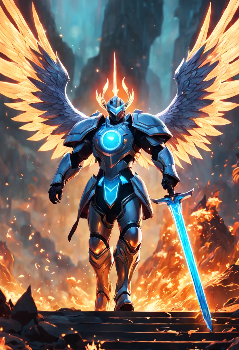 A highly detailed digital art illustration of a mighty hero standing victorious over a fiery fantasy battle scene, with large outstretched angel wings, wearing exquisite neon colored armor, holding a glowing futuristic sword high to the skies, celebrating triumph over evil forces, rendered in Unreal Engine 5 with volumetric lighting, Depth of Field blur, 8K Resolution. ((35mm lens)), cinematic lighting, dramatic low angle view looking up at the hero, extremely detailed, illustration by artgerm, loish, rossdraws