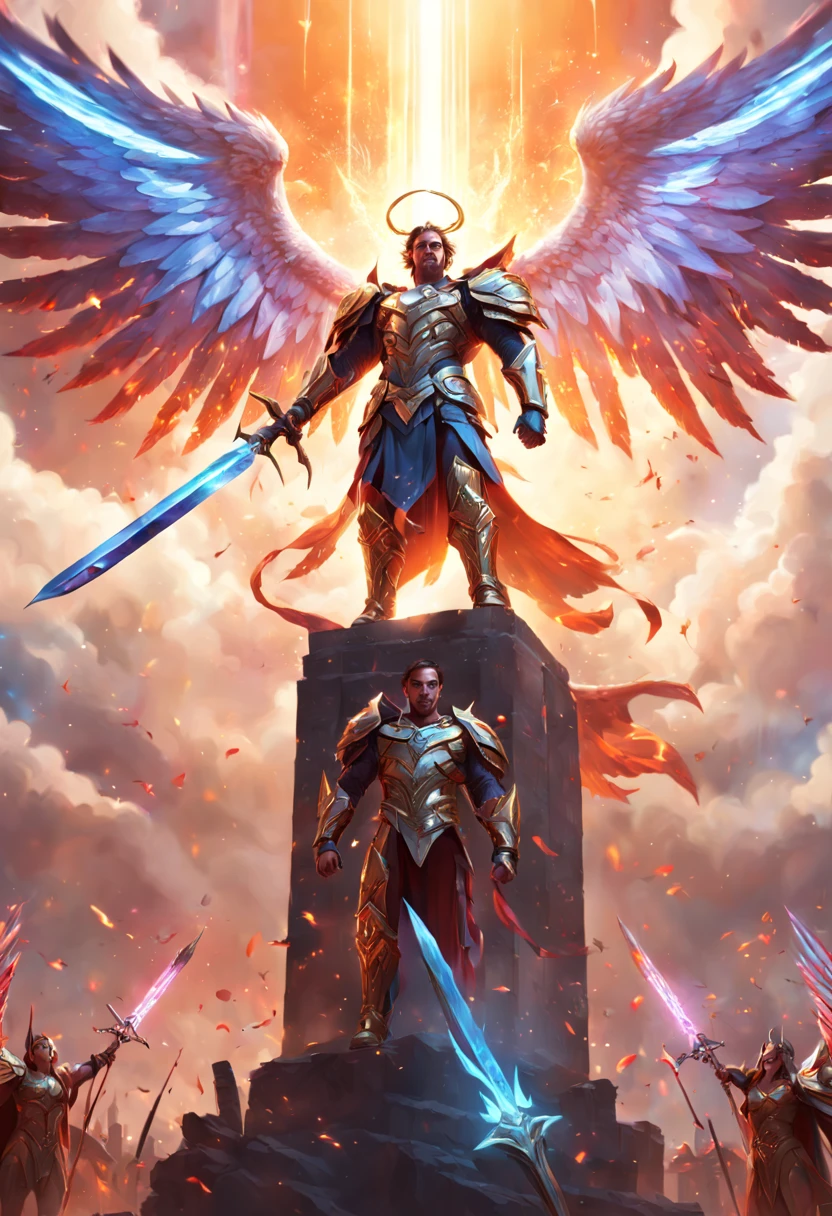 A highly detailed digital art illustration of a mighty hero standing victorious over a fiery fantasy battle scene, with large outstretched angel wings, wearing exquisite neon colored armor, holding a glowing futuristic sword high to the skies, celebrating triumph over evil forces, rendered in Unreal Engine 5 with volumetric lighting, Depth of Field blur, 8K Resolution. ((35mm lens)), cinematic lighting, dramatic low angle view looking up at the hero, extremely detailed, illustration by artgerm, loish, rossdraws