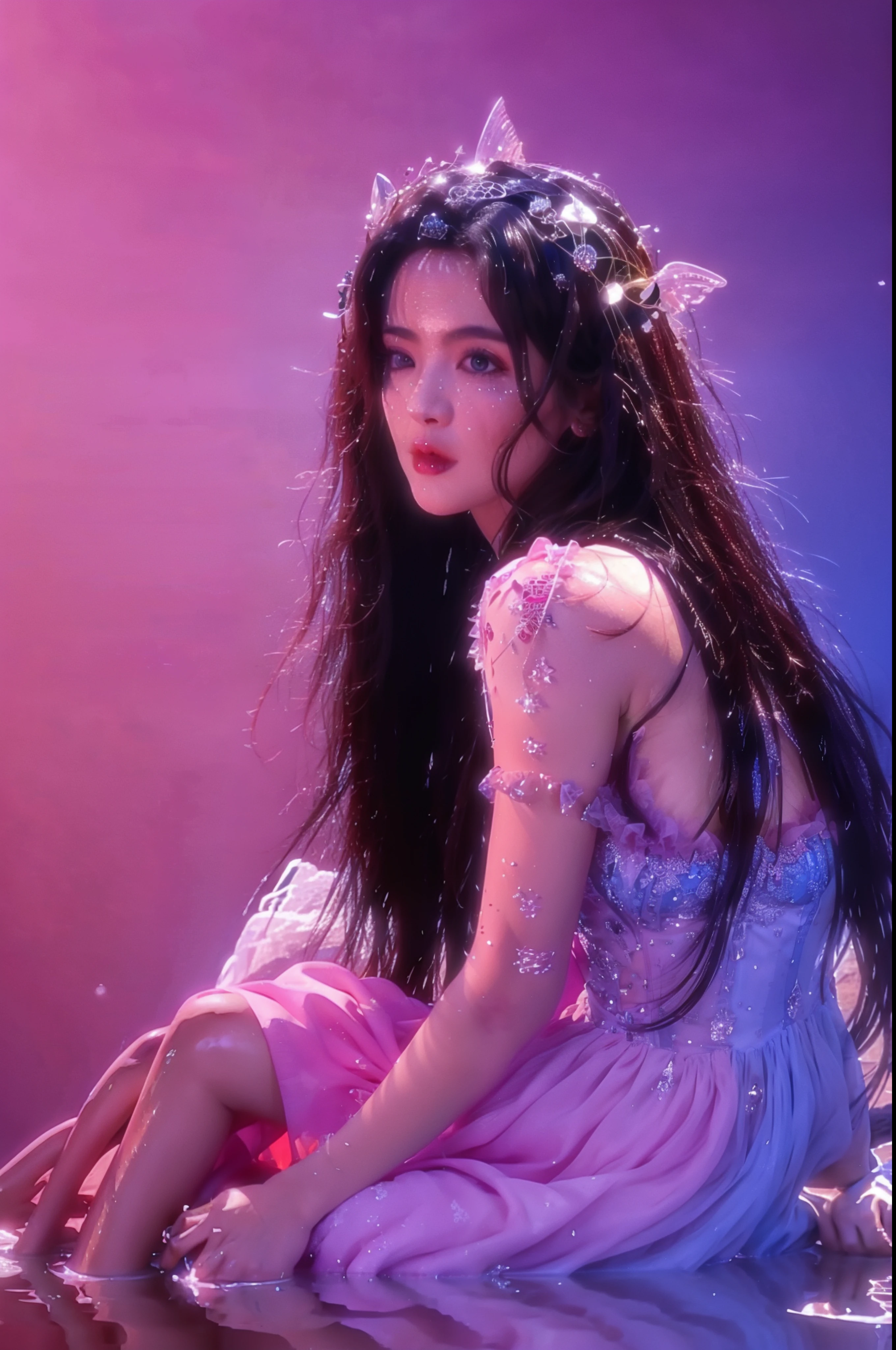 there is a woman in a dress standing in a pool of water, fantasy style 8 k octane render, closeup fantasy with water magic, a still of an ethereal, fantasy art behance, ethereal fantasy, beautiful digital artwork, stunning digital illustration, closeup cinematic aquatic scene, stuning fantasy 3 d render, queen of the sea mu yanling, cgsociety 8k
