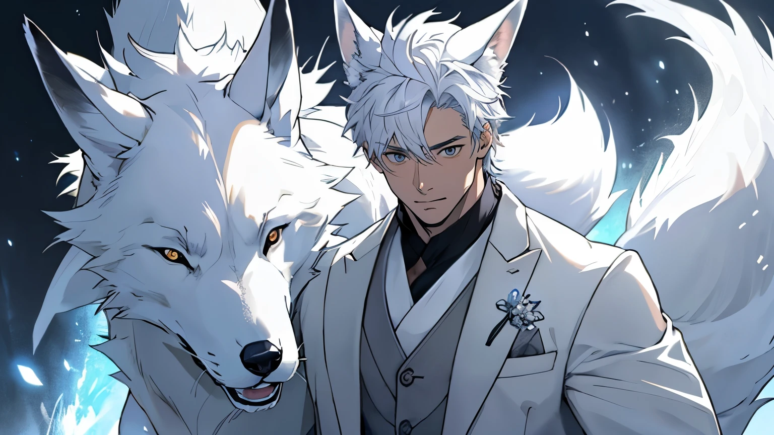 The man is a handsome man with a gentle expression.、The white fox has a strong expression、The body of the white fox is large