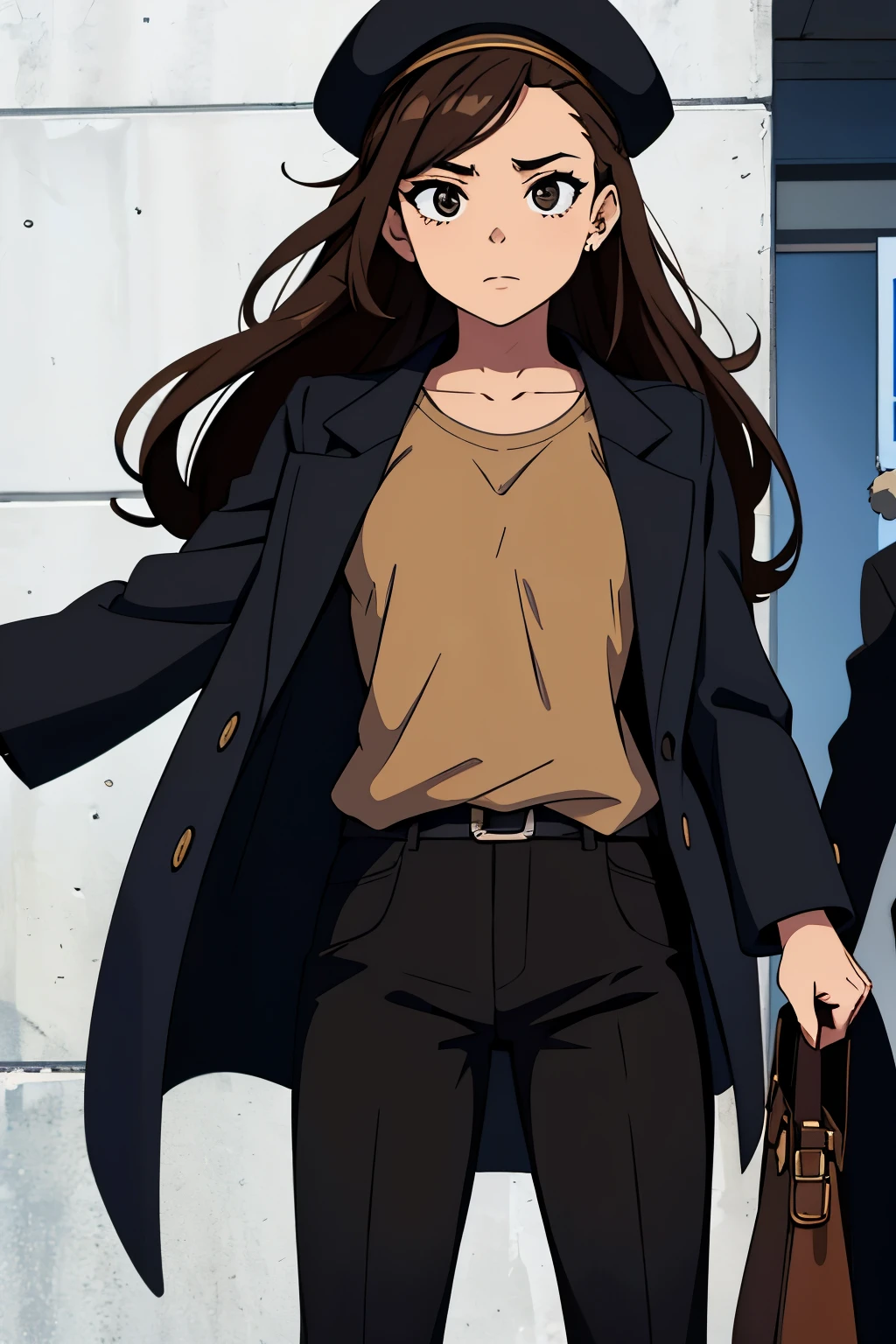 shy, cheerfull, brave, light skin, long light brown hair, eyebrow earring, black cap, big black eyes, black eyeliner, brown shirt, thin, small breasts, tall, 14 years old, black pants, black eye makeup, black overcoat.