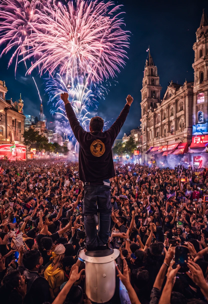 Prompt #4:
The hero's triumphant return to a city in another world, realistic celebratory crowd scene, detailed expressions of joy and admiration, vibrant banners and magical fireworks in the sky, Canon EOS R3, Focal length 24mm