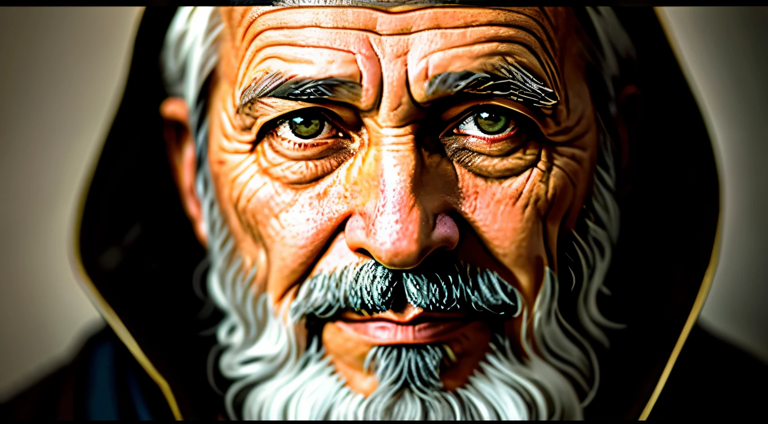 "A detailed portrait of a wise and weathered wizard with a majestic beard, olhos expressivos, and wrinkled features. A fotografia captura os detalhes intrincados de seu rosto, focusing on high skill level. Taken in a dark studio, dramatic rim light adds depth and intensity to the composition. Fotografado com uma Nikon D850 usando uma lente de 50 mm com uma abertura de f/1.4."