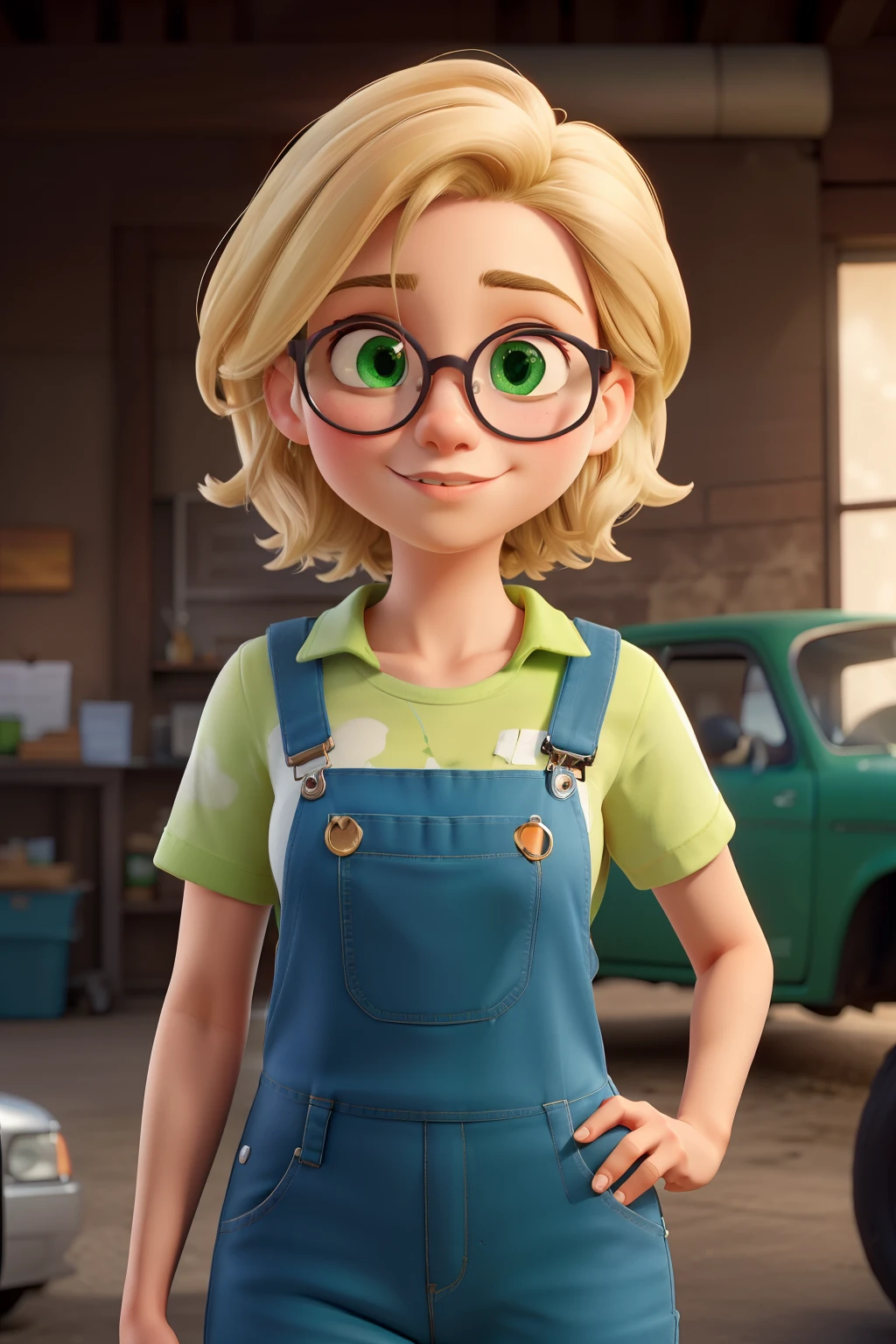 ((best quality)), ((work of art)), (detailed), perfect face, woman, short, blonde hair, brown eyes, round glasses, green car mechanic overalls
 
