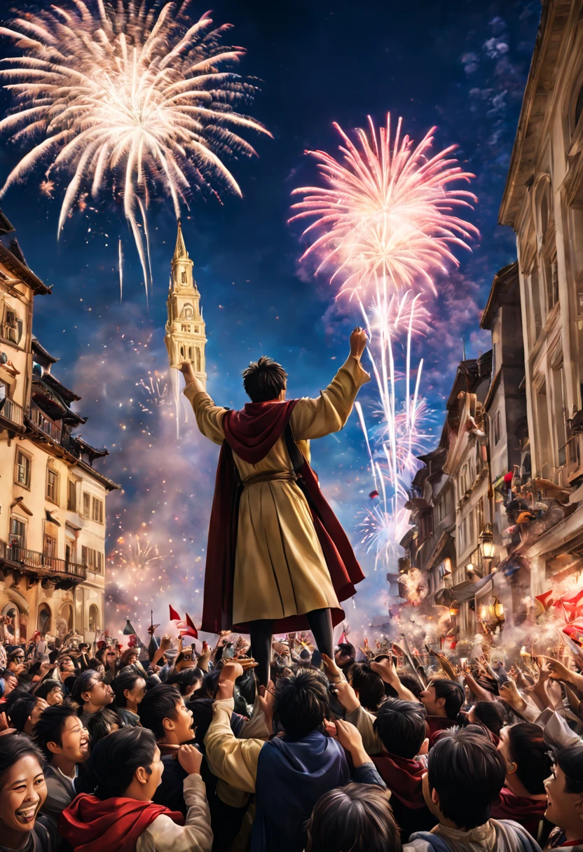 Prompt #4: The hero's triumphant return to a city in another world, realistic celebratory crowd scene, detailed expressions of joy and admiration, vibrant banners and magical fireworks in the sky, Canon EOS R3, Focal length 24mm