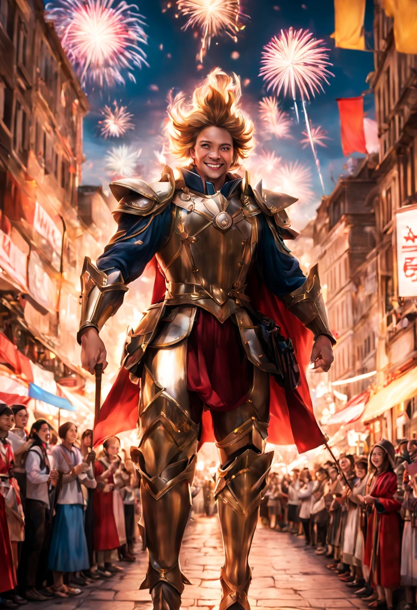 Prompt #4: The hero's triumphant return to a city in another world, realistic celebratory crowd scene, detailed expressions of joy and admiration, vibrant banners and magical fireworks in the sky, Canon EOS R3, Focal length 24mm