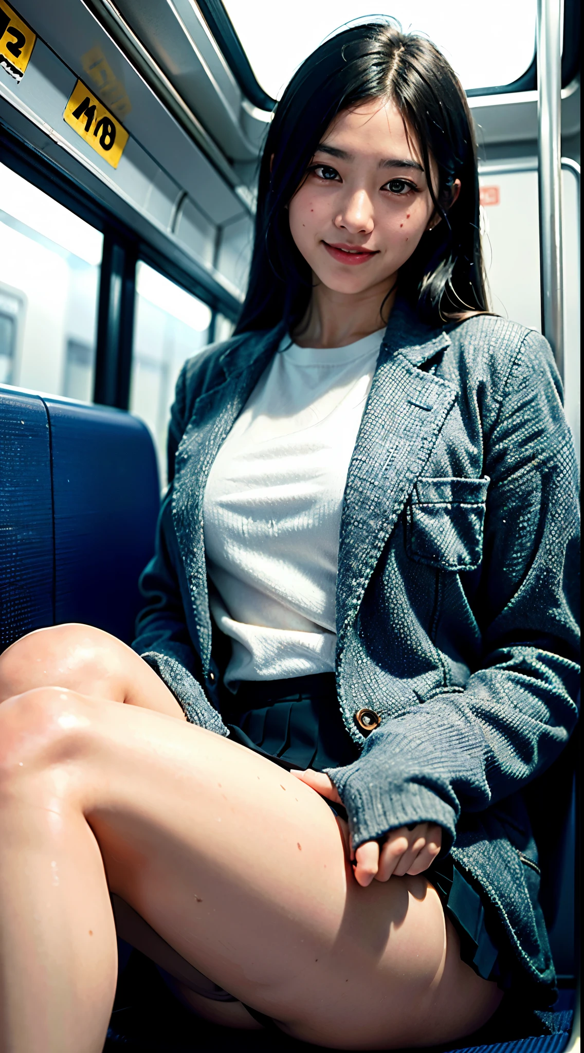 "(masterpiece, High resolution, Ultra High resolution, 4K) black hair,  japanese girl, uniform skirt, emphasize the thighs, white thighs, soft thighs, Gorgeous thighs, sitting on the train, facing angle, (angle from below),sitting on a train seat,sitting in front,Crotch zoom camera,put your feet on the floor of the train,whole body,Looking down and sleepy,only looking at the viewer", highest quality, 超High resolution, (realistic:1.4),, High resolution, detailed, RAW photo, Shapuri, Nikon D850 Film Stock Photo by Lee Jeffries 4 Kodak Portra 400 Camera F1.6 lenses Rich colors Ultra-realistic and vibrant textures Dramatic lighting Unreal Engine Art Station Trend CineStill 800,smiling、