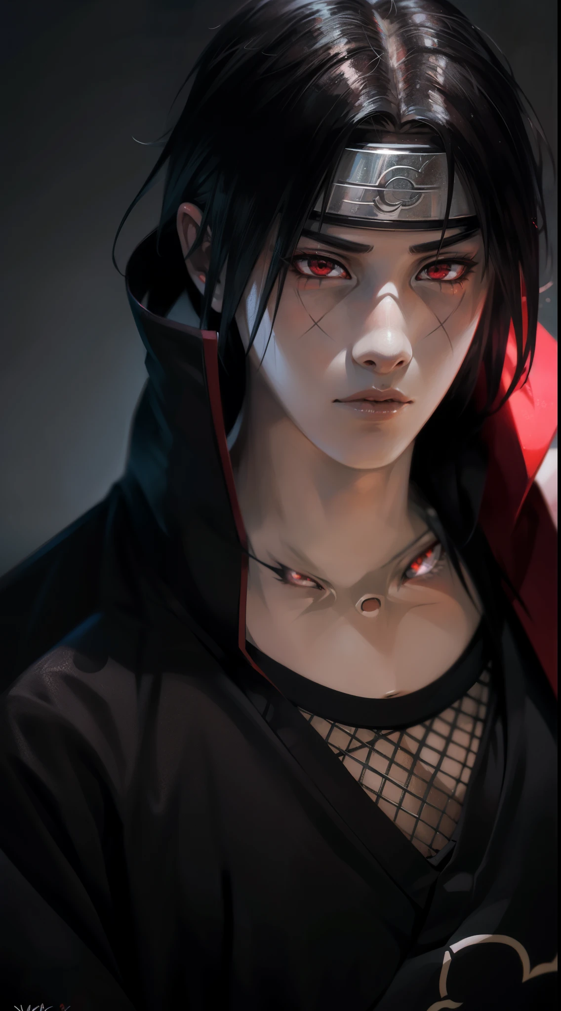 itachi uchiha from anime naruto, black hair, short hair, headband, akatsuki robe, red eyes, sharinggan eyes, looking at the viewer, standing, perfect body, piercing gaze, one man.