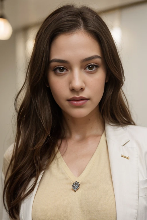 ((best quality)), ((masterpiece)), (detailed), perfect face realistic photo of beautiful woman with long brown hair, Turkish, influencer, light freckles, hazel eyes, big lips, no makeup, instagram, wearing a shallow yellow T-shirt, inspired suit, detail shot, 2 0 2 0 fashion, swarovski, h 576, lapel, sexy :8, detailed picture, detailed image