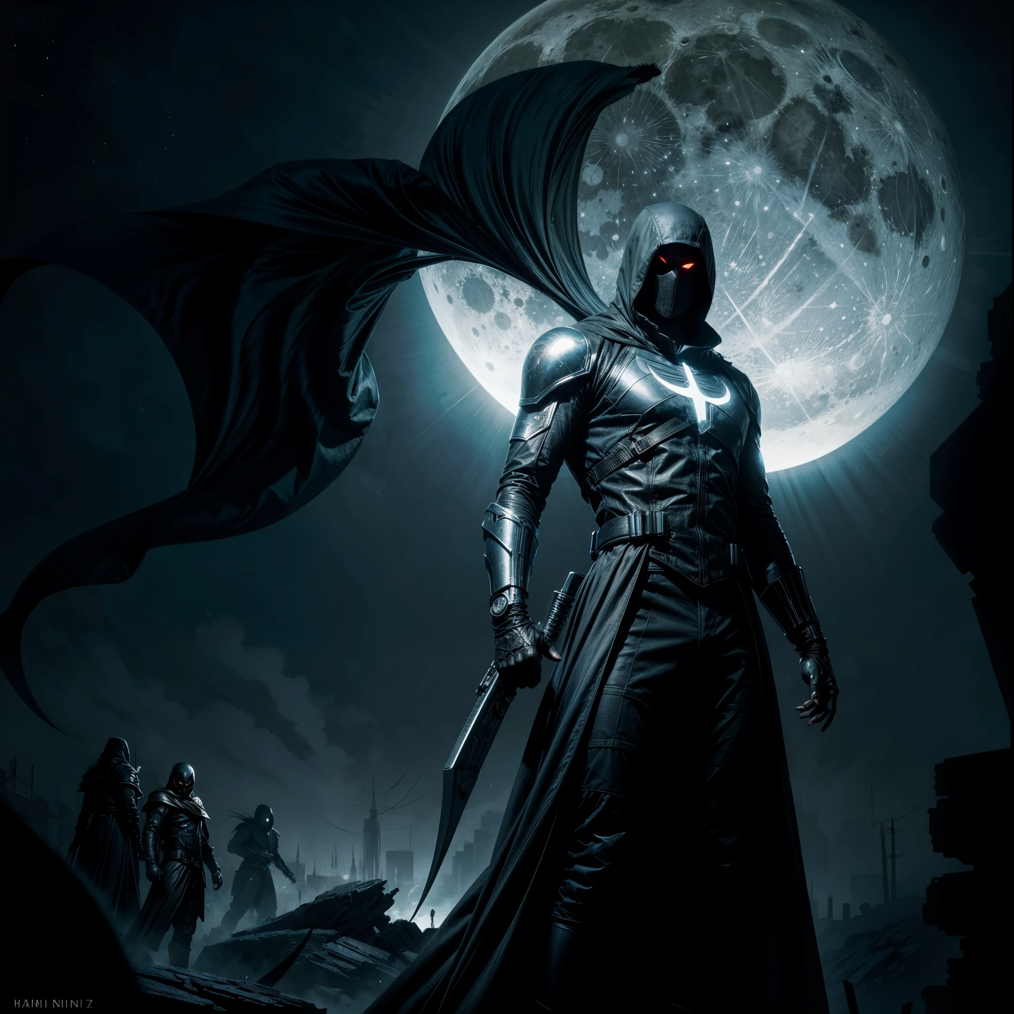 Un rendu octane de Moon Knight from marvel par Tsutomu nihei, Dark and mysterious background, complexe, highly detailed, digital painting, ArtStation, lisse, mise au point nette, illustration, dessins de Krenz Cushart et Artem Demura et alphonse mucha