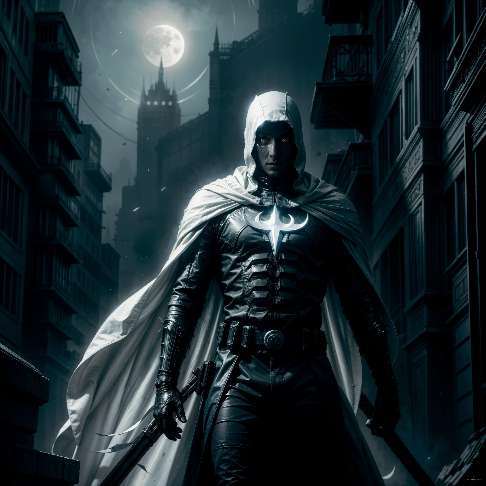 Un rendu octane de Moon Knight from marvel par Tsutomu nihei, Dark and mysterious background, complexe, highly detailed, digital painting, ArtStation, lisse, mise au point nette, illustration, dessins de Krenz Cushart et Artem Demura et alphonse mucha