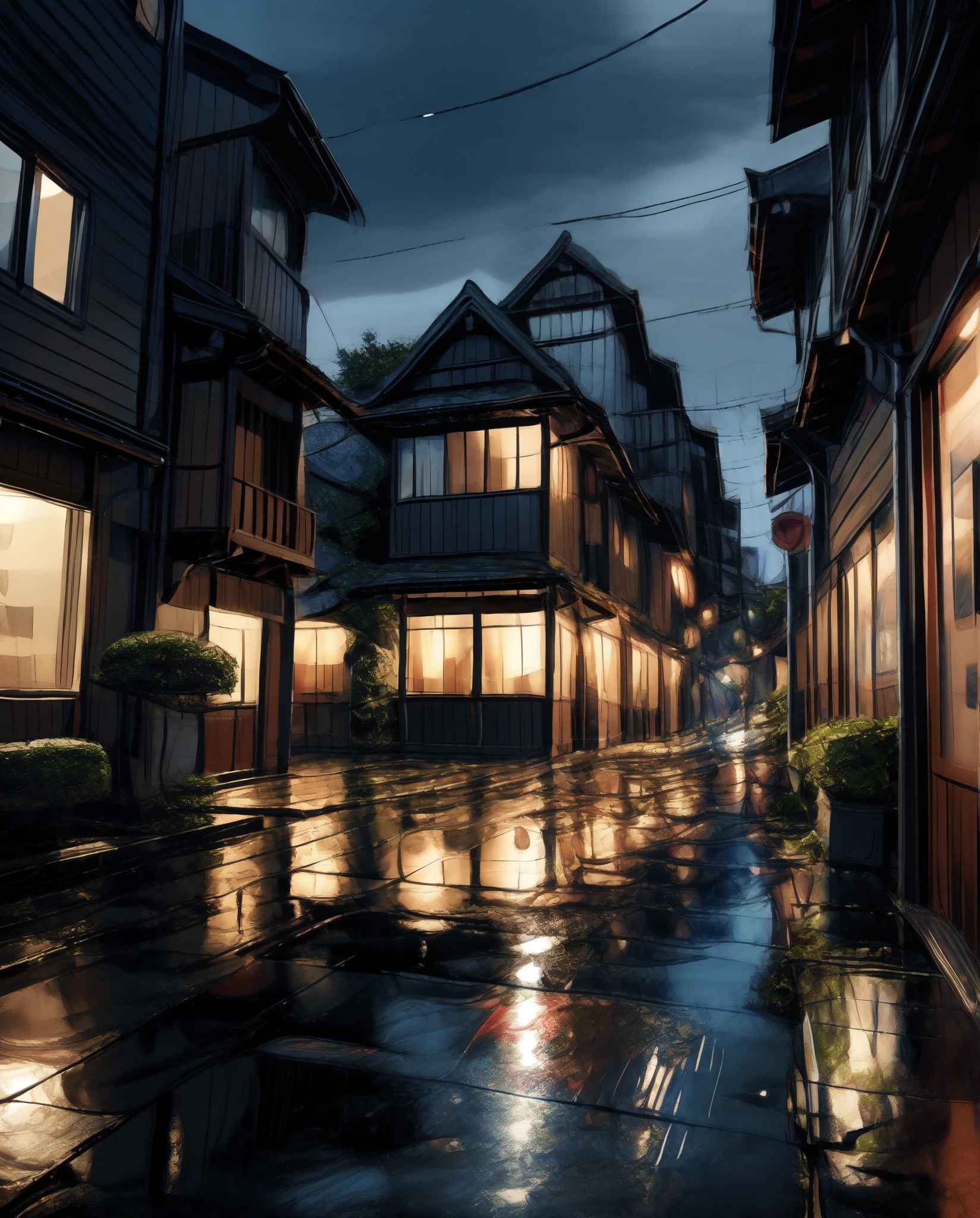 painting of a rainy time tokyo city, alleyway , beautiful scenery, rainfall,wet pavement ((glistening look)),hd, High quality, water reflection, bushes,4k hd, cloud,beautiful art uhd 4 k, a beautiful artwork illustration, beautiful digital painting, highly detailed digital painting, beautiful digital artwork, detailed painting 4 k, very detailed digital painting, rich picturesque colors, gorgeous digital painting