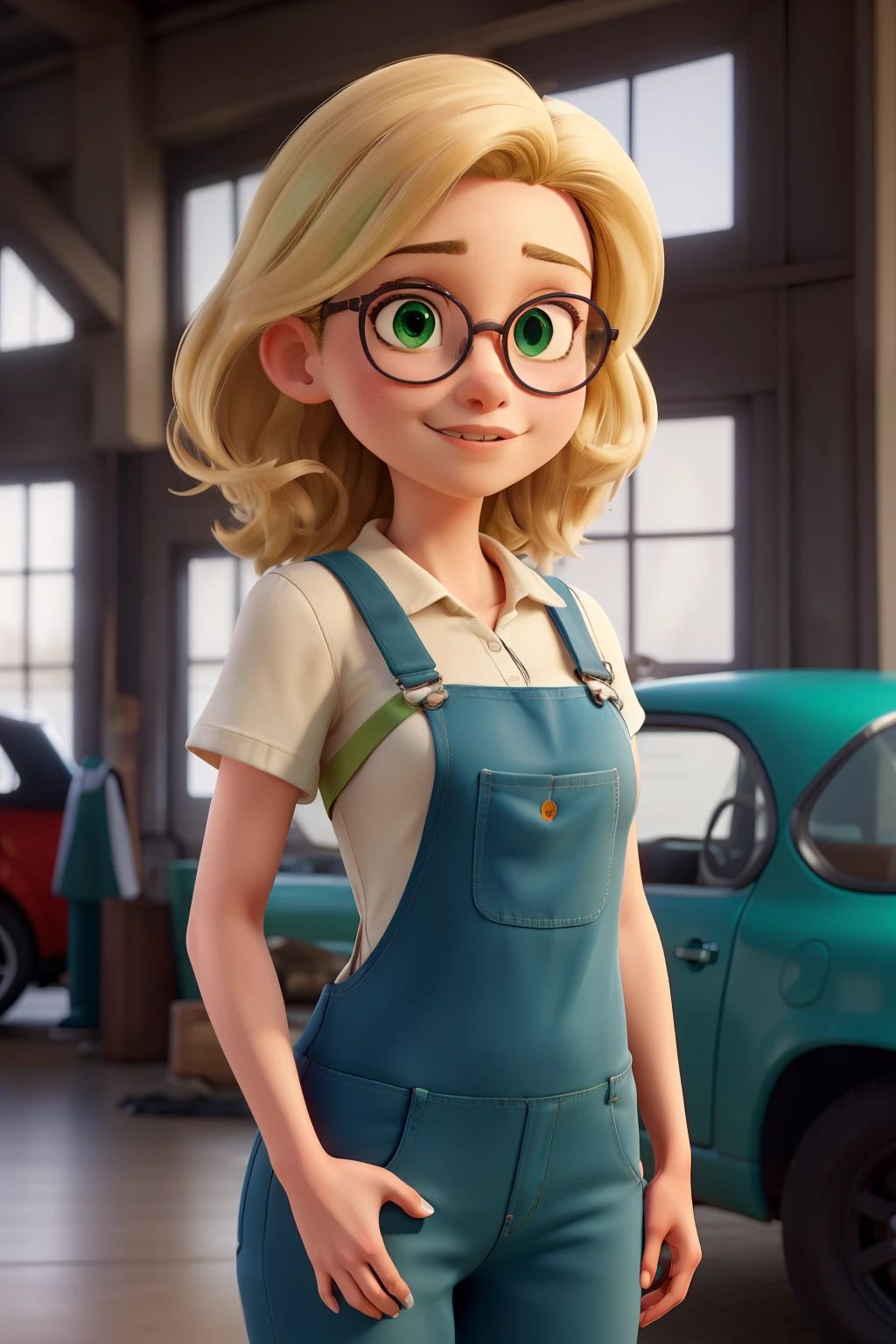 ((best quality)), ((work of art)), (detailed), perfect face, woman, short, blonde hair, brown eyes, round glasses, green car mechanic overalls
 
