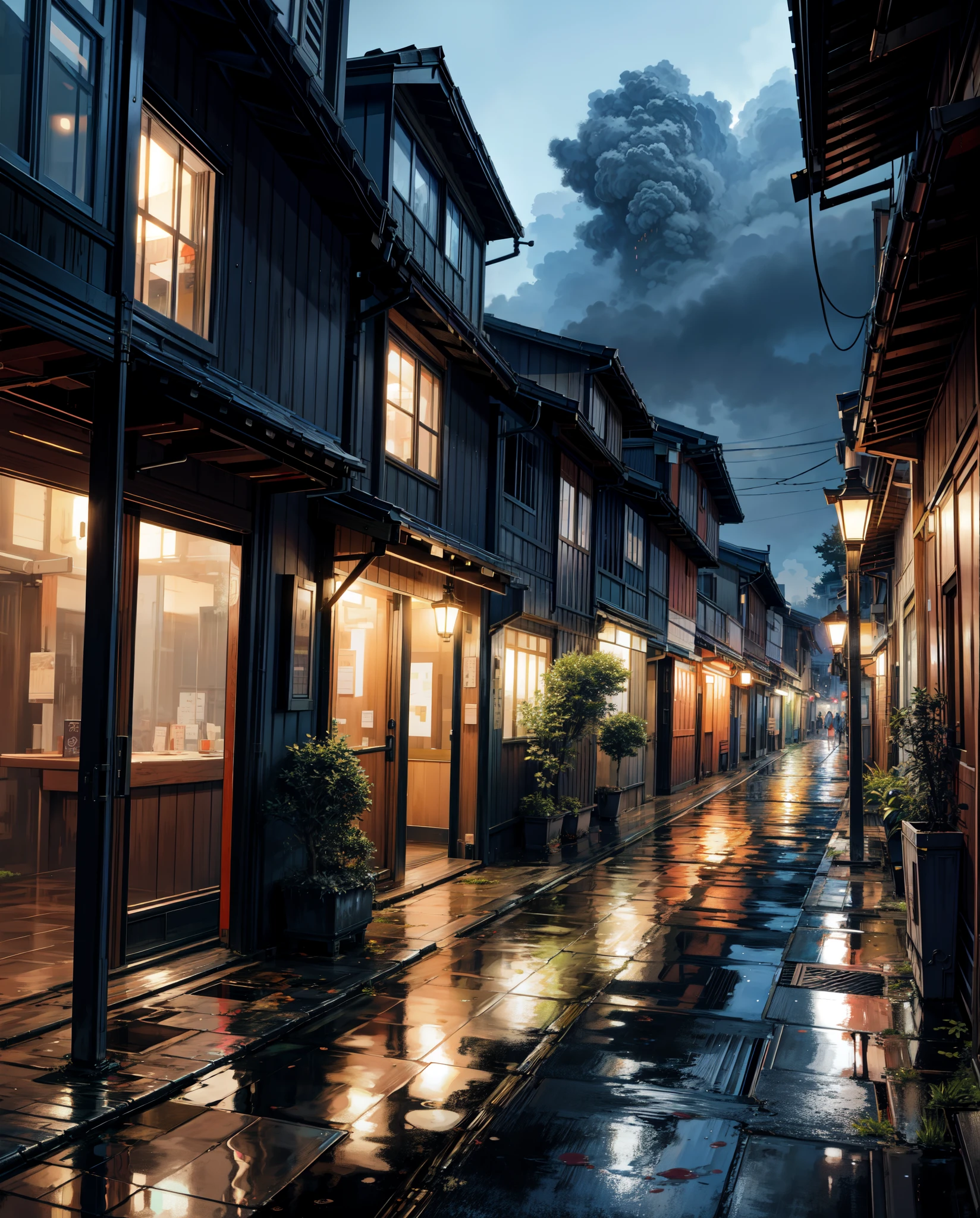 painting of a rainy time tokyo city, alleyway , beautiful scenery, rainfall,wet pavement ((glistening look)),hd, High quality, water reflection, bushes,4k hd, cloud,beautiful art uhd 4 k, a beautiful artwork illustration, beautiful digital painting, highly detailed digital painting, beautiful digital artwork, detailed painting 4 k, very detailed digital painting, rich picturesque colors, gorgeous digital painting
