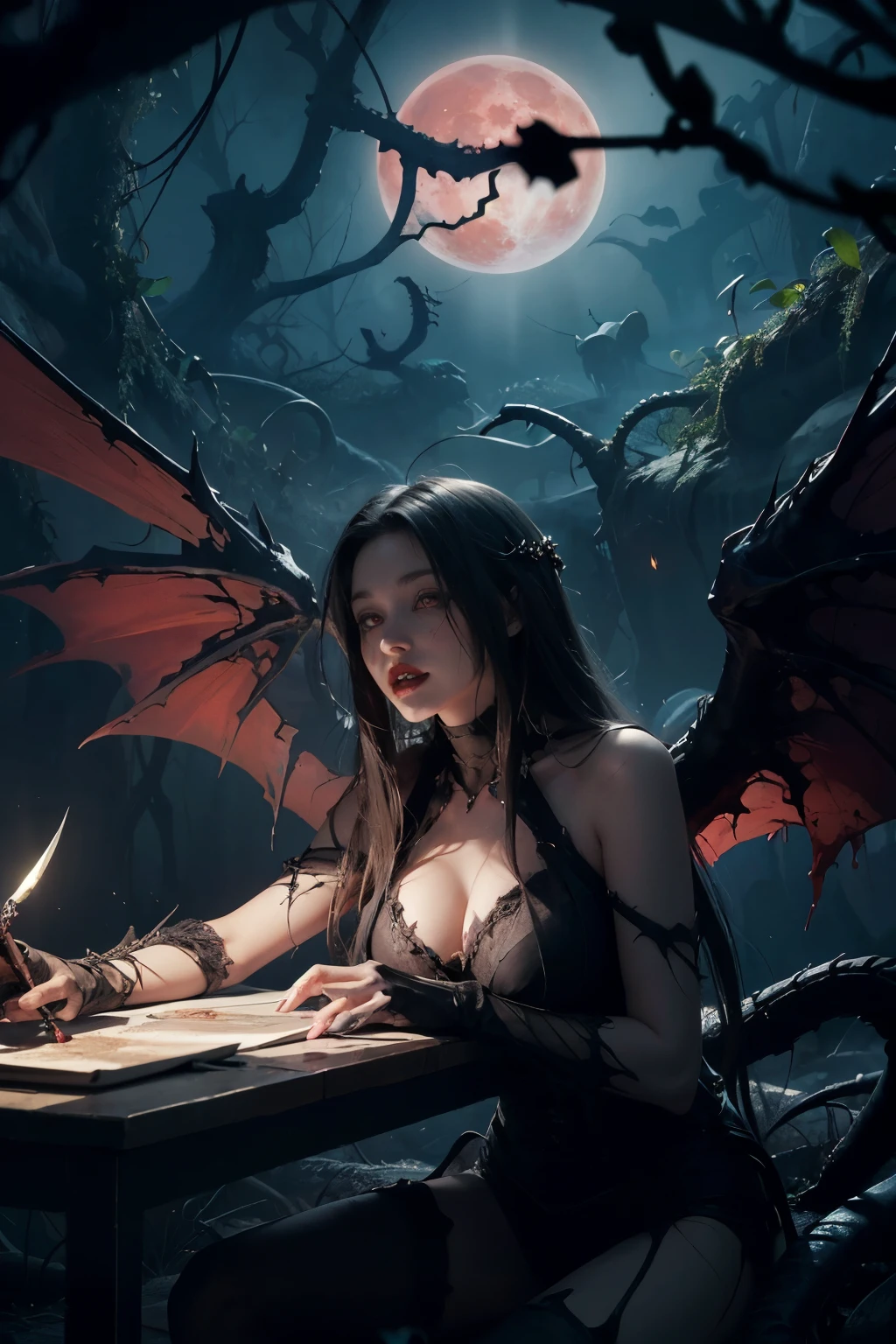 Fine matte painting, skeleton dark angel big wings haunted castle on drawing table full of knives, horror, spookiness, scary, secret horror, tentacles, vines, eyes, uncanny valley effect teeth, limbs, animals, blood moon, (black costume)