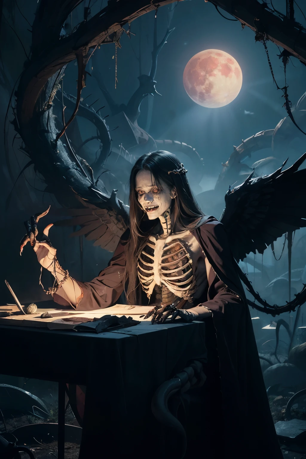 Fine matte painting, skeleton dark angel big wings haunted castle on drawing table full of knives, horror, spookiness, scary, secret horror, tentacles, vines, eyes, uncanny valley effect teeth, limbs, animals, blood moon, (black costume)