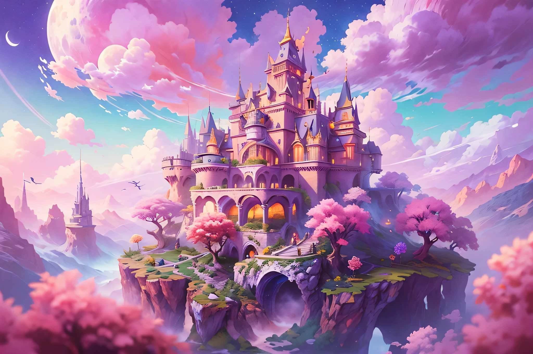 Generate beautiful and realistic fantasy landscapes, ornate Romantic buildings, floating island, crystalline waterfalls streaming from the floating island, and a dreamy landscape of highly detailed flowers and dreamy watercolors. This is (((Romantic))) realm of gods. (((这座城堡看起来像是用shiny大理石雕刻而成的, with distinct and complex details Add toing to their realism.))) Marshmallow clouds transform into beautiful shiny stars in the colorful sky, Charming pink and purple skylights create a charming ambience. Includes many different levels and heights of visual interest. The environment is very big,Astonishing, This is一个微距镜头. The overall atmosphere is peaceful, peaceful, and highly detailed sweetness. Contains interesting fantasy elements,Its color complements the rest of the landscape. The sky should be very detailed. The landscape should very detailed. All buildings should be ornate with complex and intricate details. Creates a bright and magical atmosphere, Magic bubbles, shiny的顏色, many small fantasy details including iridescence, Exquisite scenery, shiny. Include lots of vibrant colors and vaguely surreal details. camera: Take advantage of dynamic compositions to create interest and excitement. computer graphics image processing, Unreal Engine, unified engine, (((masterpiece))), high resolution, 8k, best quality, high quality, high resolution, 16, raw, ultra high resolution, ultra details, finely detail, extremely delicate and beautiful, extremely detailed, true shadow, japanese manga, highly detailed painted, Award-winning glamor, wonderful paintings, Art style, stylized, ((Add to_detail:2)),32k