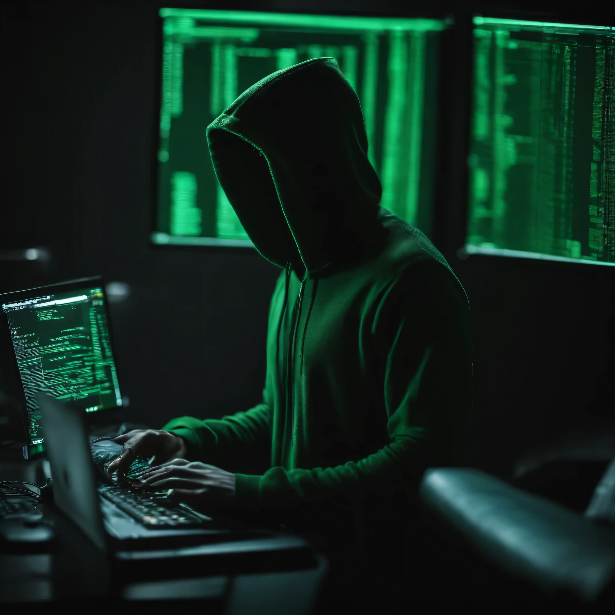 Hacker masculino,copos,encapuzado verde ,olhos pretos,Usando um computador em uma sala escura e abra o sistema operacional Kali Linux na tela do computador, write code in terminal in kali linux,cyber security