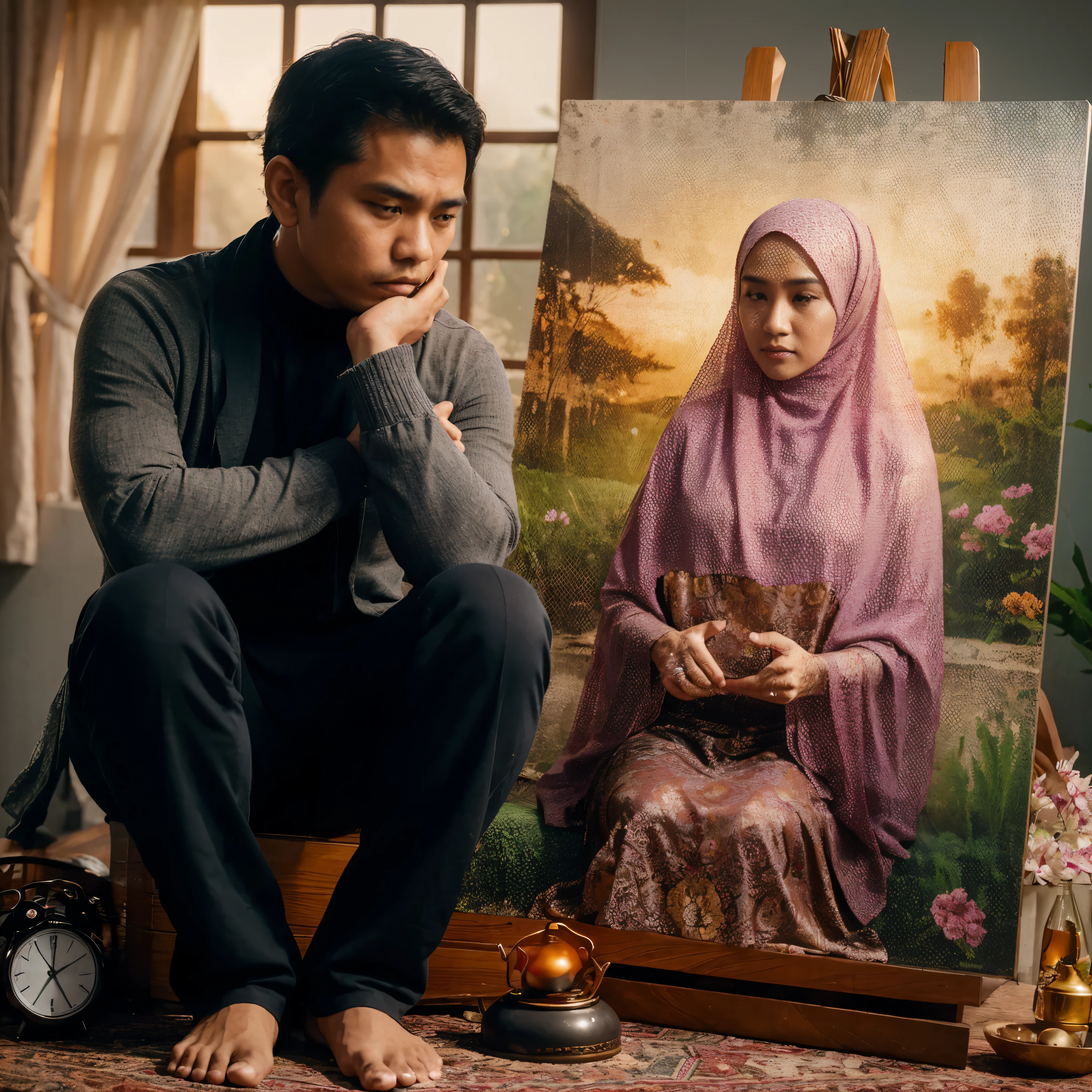 an Indonesian man in age 30s, sad face, missing his girlfriend (a woman wearing a hijab) who is now somewhere. setting: illution of the her home, fantasy.
realistis, fotografy, fantasy, ultra hd, details, best quality