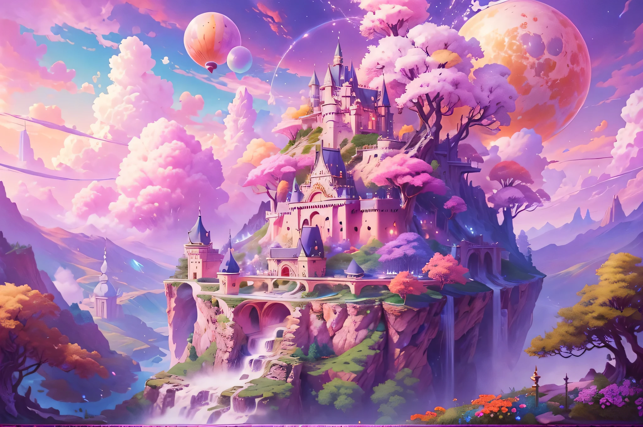 Generate beautiful and realistic fantasy landscapes, ornate Romantic buildings, floating island, crystalline waterfalls streaming from the floating island, and a dreamy landscape of highly detailed flowers and dreamy watercolors. This is (((Romantic))) realm of gods. (((这座城堡看起来像是用shiny大理石雕刻而成的, with distinct and complex details Add toing to their realism.))) Marshmallow clouds transform into beautiful shiny stars in the colorful sky, Charming pink and purple skylights create a charming ambience. Includes many different levels and heights of visual interest. The environment is very big,Astonishing, This is一个微距镜头. The overall atmosphere is peaceful, peaceful, and highly detailed sweetness. Contains interesting fantasy elements,Its color complements the rest of the landscape. The sky should be very detailed. The landscape should very detailed. All buildings should be ornate with complex and intricate details. Creates a bright and magical atmosphere, Magic bubbles, shiny的顏色, many small fantasy details including iridescence, Exquisite scenery, shiny. Include lots of vibrant colors and vaguely surreal details. camera: Take advantage of dynamic compositions to create interest and excitement. computer graphics image processing, Unreal Engine, unified engine, (((masterpiece))), high resolution, 8k, best quality, high quality, high resolution, 16, raw, ultra high resolution, ultra details, finely detail, extremely delicate and beautiful, extremely detailed, true shadow, japanese manga, highly detailed painted, Award-winning glamor, wonderful paintings, Art style, stylized, ((Add to_detail:2)),32k