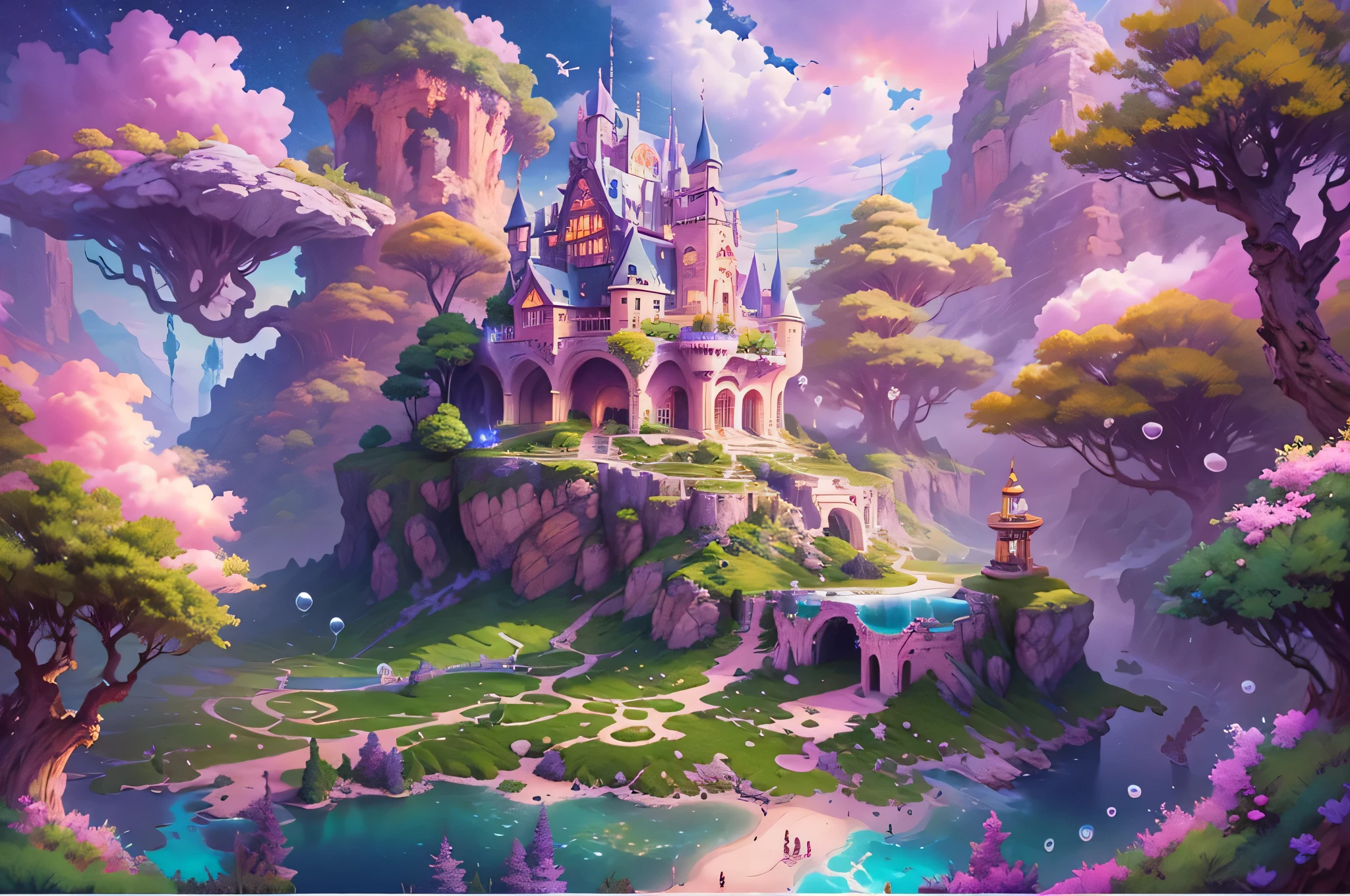 Generate beautiful and realistic fantasy landscapes, ornate Romantic buildings, floating island, crystalline waterfalls streaming from the floating island, and a dreamy landscape of highly detailed flowers and dreamy watercolors. This is (((Romantic))) realm of gods. (((这座城堡看起来像是用shiny大理石雕刻而成的, with distinct and complex details Add toing to their realism.))) Marshmallow clouds transform into beautiful shiny stars in the colorful sky, Charming pink and purple skylights create a charming ambience. Includes many different levels and heights of visual interest. The environment is very big,Astonishing, This is一个微距镜头. The overall atmosphere is peaceful, peaceful, and highly detailed sweetness. Contains interesting fantasy elements,Its color complements the rest of the landscape. The sky should be very detailed. The landscape should very detailed. All buildings should be ornate with complex and intricate details. Creates a bright and magical atmosphere, Magic bubbles, shiny的顏色, many small fantasy details including iridescence, Exquisite scenery, shiny. Include lots of vibrant colors and vaguely surreal details. camera: Take advantage of dynamic compositions to create interest and excitement. computer graphics image processing, Unreal Engine, unified engine, (((masterpiece))), high resolution, 8k, best quality, high quality, high resolution, 16, raw, ultra high resolution, ultra details, finely detail, extremely delicate and beautiful, extremely detailed, true shadow, japanese manga, highly detailed painted, Award-winning glamor, wonderful paintings, Art style, stylized, ((Add to_detail:2)),32k