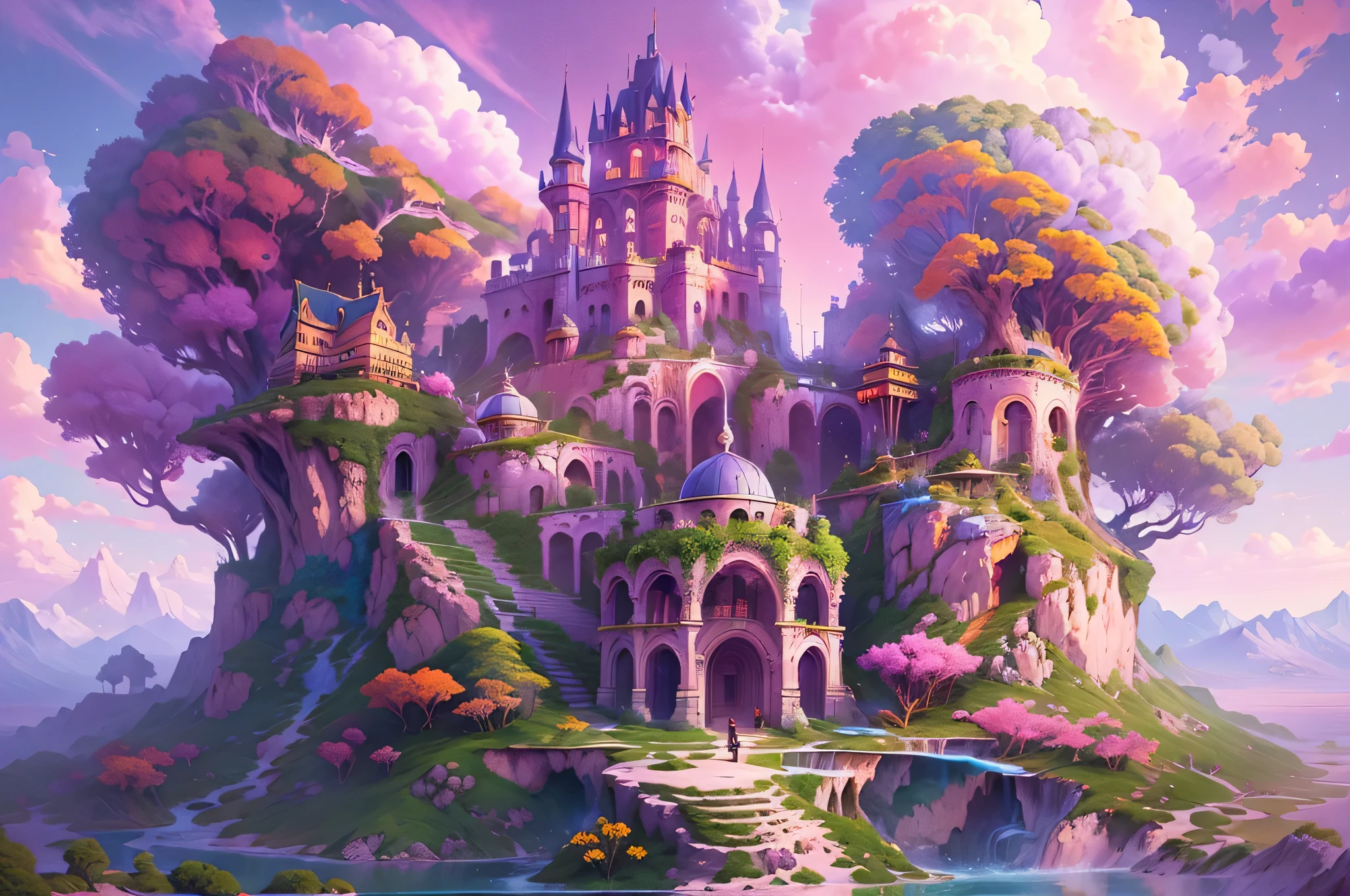 Generate beautiful and realistic fantasy landscapes, ornate Romantic buildings, floating island, crystalline waterfalls streaming from the floating island, and a dreamy landscape of highly detailed flowers and dreamy watercolors. This is (((Romantic))) realm of gods. (((这座城堡看起来像是用shiny大理石雕刻而成的, with distinct and complex details Add toing to their realism.))) Marshmallow clouds transform into beautiful shiny stars in the colorful sky, Charming pink and purple skylights create a charming ambience. Includes many different levels and heights of visual interest. The environment is very big,Astonishing, This is一个微距镜头. The overall atmosphere is peaceful, peaceful, and highly detailed sweetness. Contains interesting fantasy elements,Its color complements the rest of the landscape. The sky should be very detailed. The landscape should very detailed. All buildings should be ornate with complex and intricate details. Creates a bright and magical atmosphere, Magic bubbles, shiny的顏色, many small fantasy details including iridescence, Exquisite scenery, shiny. Include lots of vibrant colors and vaguely surreal details. camera: Take advantage of dynamic compositions to create interest and excitement. computer graphics image processing, Unreal Engine, unified engine, (((masterpiece))), high resolution, 8k, best quality, high quality, high resolution, 16, raw, ultra high resolution, ultra details, finely detail, extremely delicate and beautiful, extremely detailed, true shadow, japanese manga, highly detailed painted, Award-winning glamor, wonderful paintings, Art style, stylized, ((Add to_detail:2)),32k