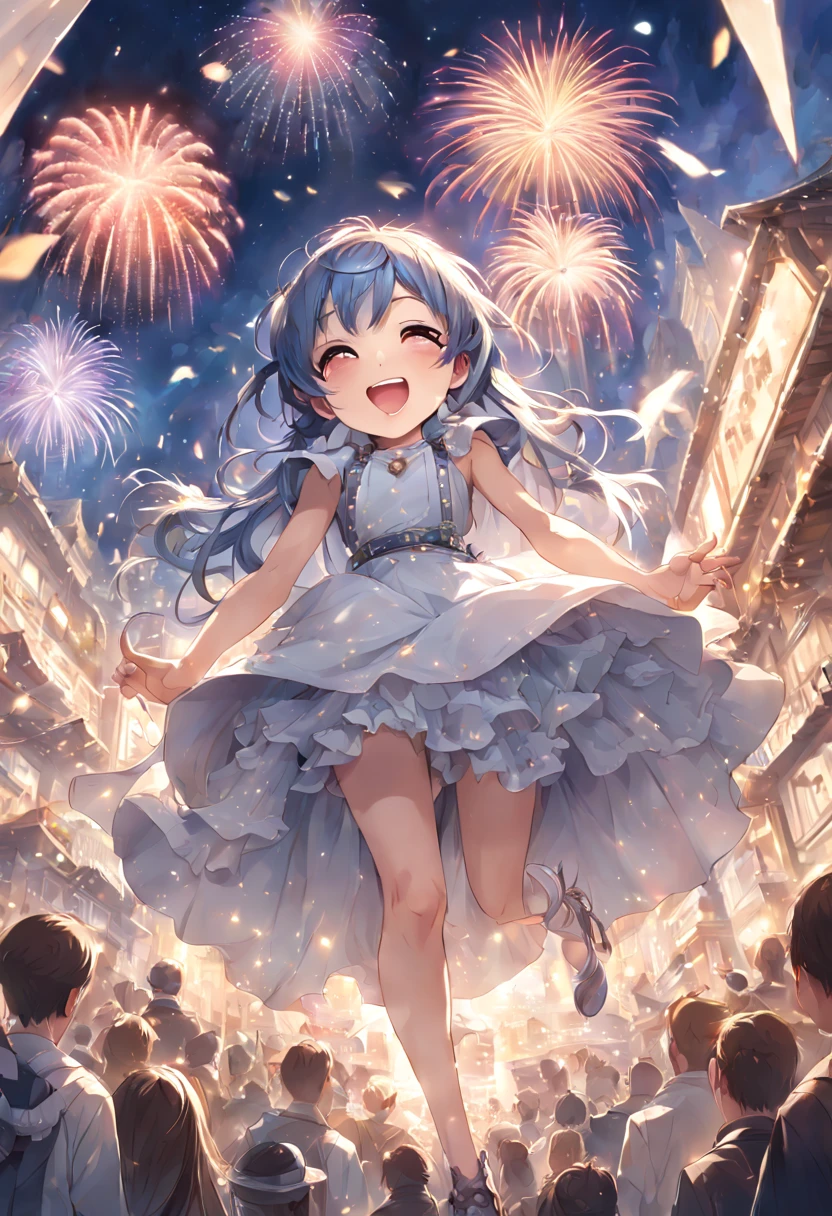 1girl, The hero's triumphant return to a city in another world, realistic celebratory crowd scene, detailed expressions of joy and admiration, vibrant banners and magical fireworks in the sky, Canon EOS R3, Focal length 24mm