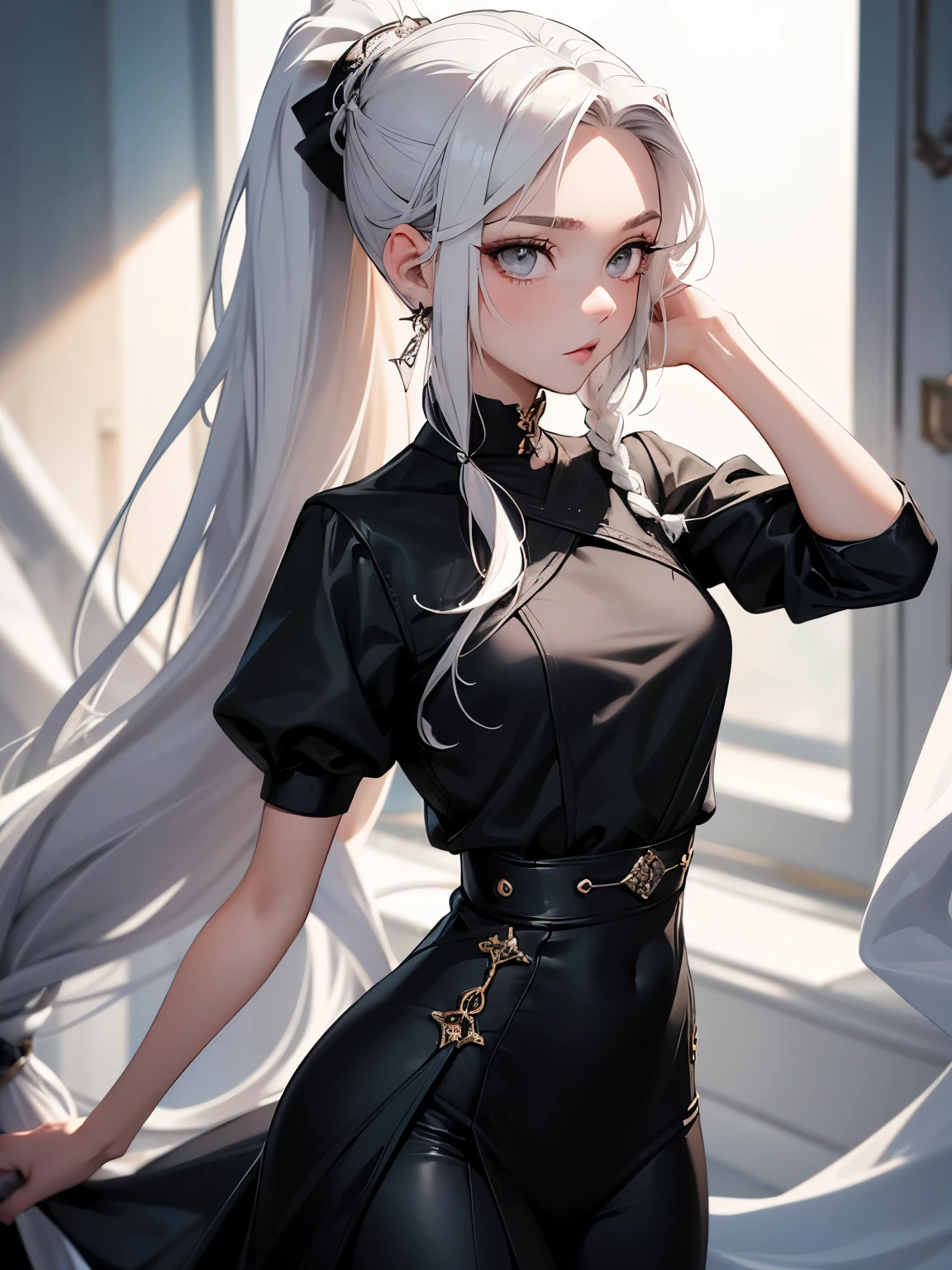 Millicent is a 21 year old young girl, tall and fit physique. She has fair skin and gray eyes with small pupils. Long wavy white hair braided into a high ponytail with many small braids. Has long pointed ears. Described as an incredibly beautiful girl. Prefers to wear black clothes, gray and white colors