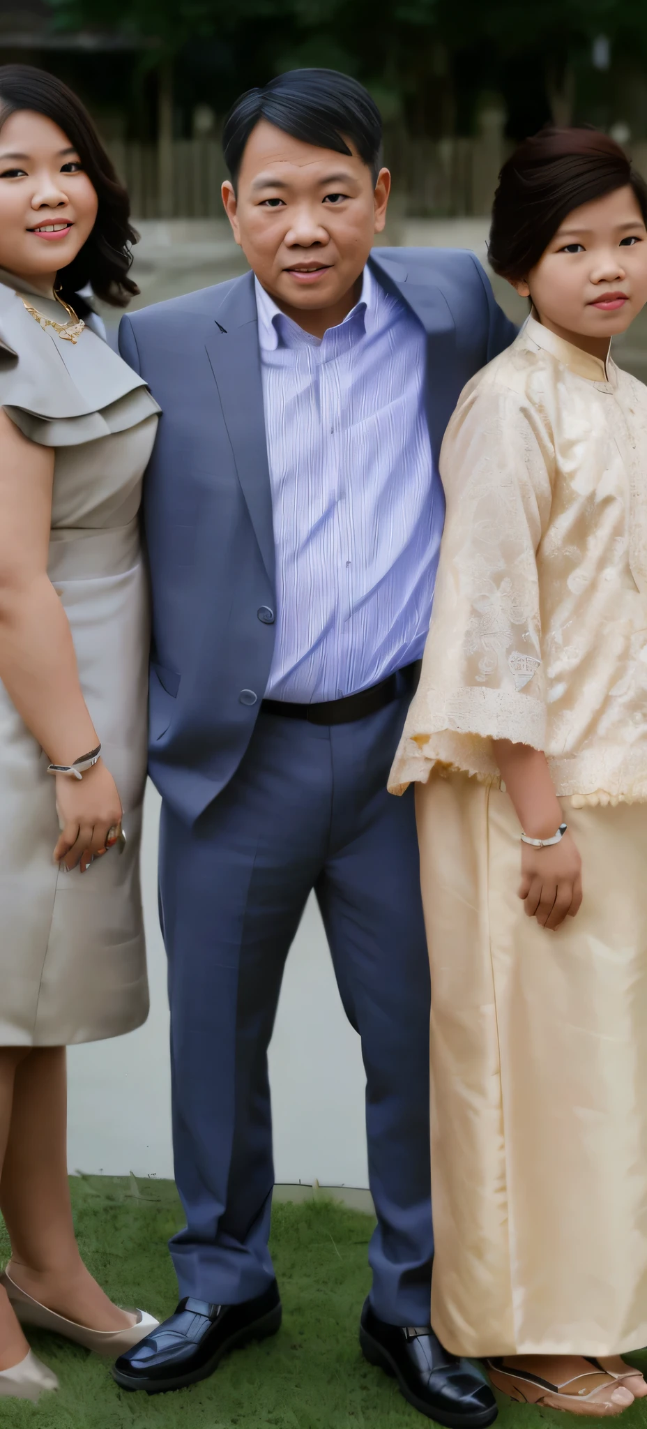there are three people standing together in a group posing for a picture, barong family, full body portrait of a group, barong family member, portrait full body, photo 85mm, full body photo, fullbody photo, close up half body shot, portrait of family of three, full body photograph, an indonesian family portrait, husband wife and son