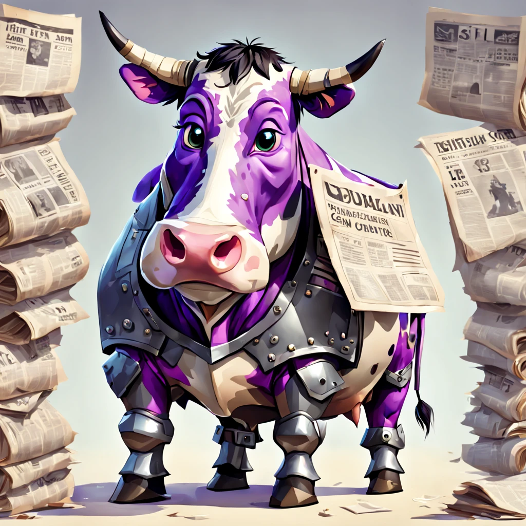 cutepets, Bipedal creature resembling a cow with purple-gray steel armor and news papers oozing from it