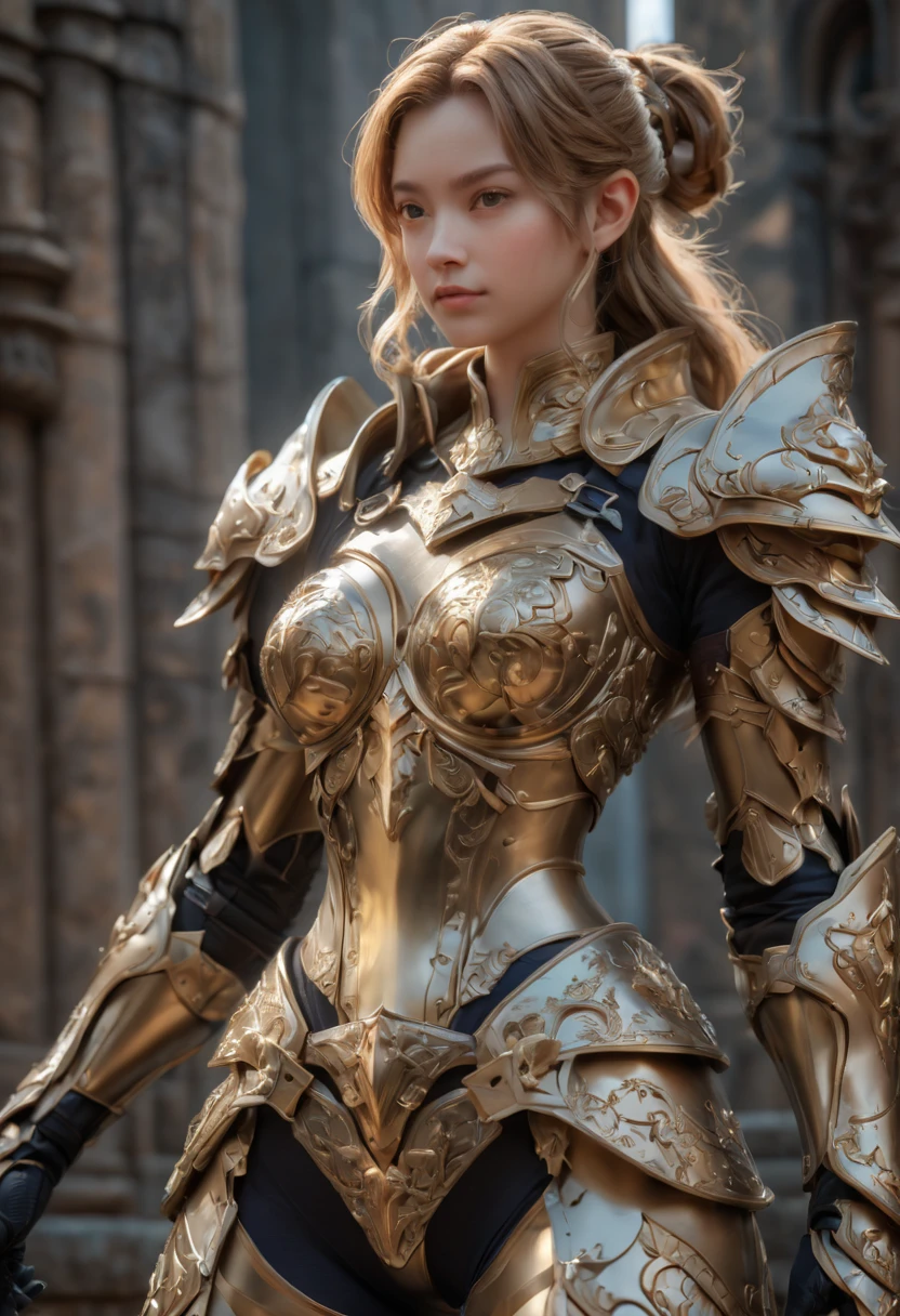Gravure idol wearing complicated body armor, filigree, gold plated, bathe in dragon breath, dappled lighting, intricate details, best possible quality, 8k, Hold a huge shield, Lance,