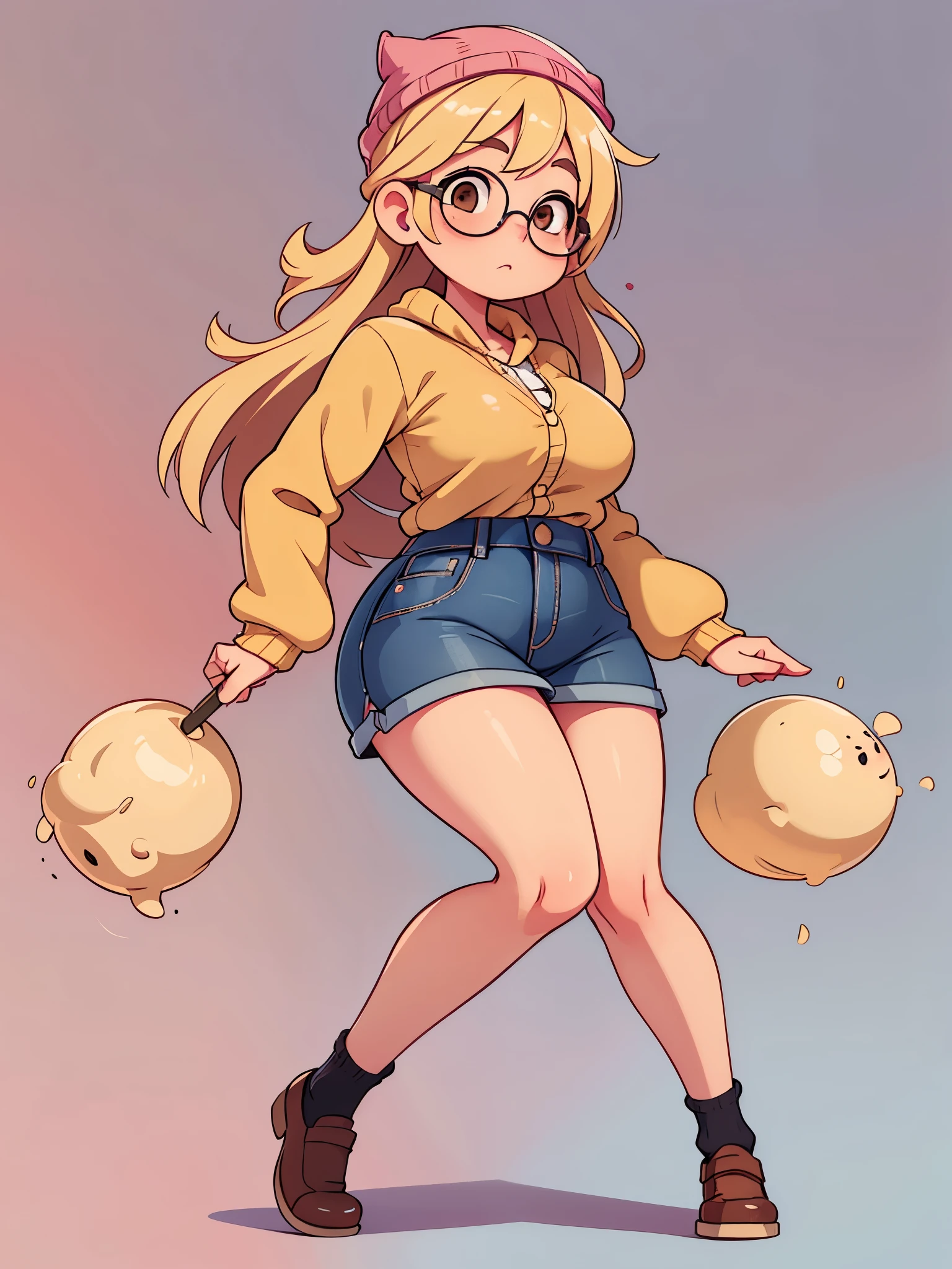 Drawing of a pudgy, tall age girl with rosy cheeks; brown eyes; creamy blonde hair. She is wearing rounded black dress shoes; she has very muscular, toned feet and legs. Her legs are fat, meaty, voluptuous, Rubenesque and plump. She is wearing a yellow cardigan, a beanie, circular glasses, a denim miniskirt and a pink kawaii beret. She is posing with one leg forward with her hands on her hips.